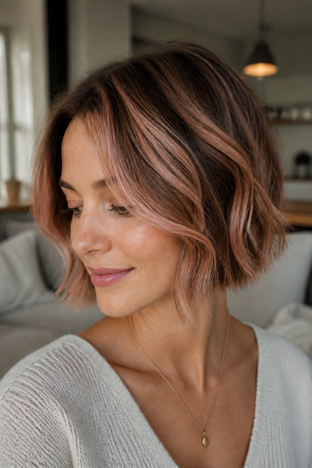 Close-up portrait of a real woman with strawberry smoke bob color on short bob