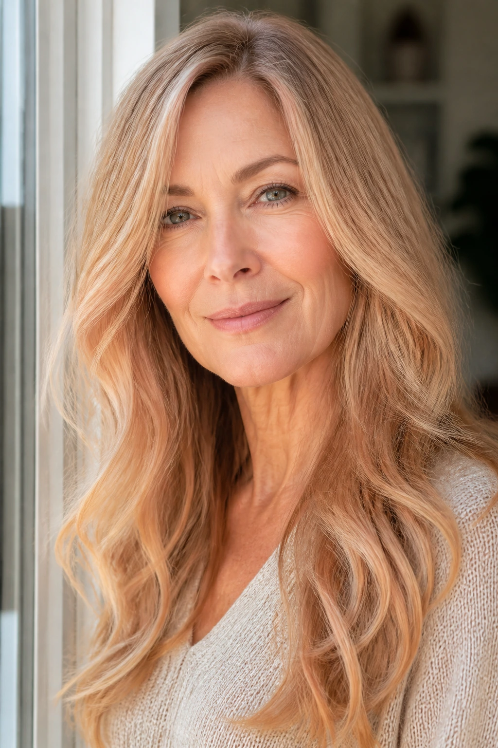 Close-up of a real woman with strawberry-soft blonde hair in natural daylight