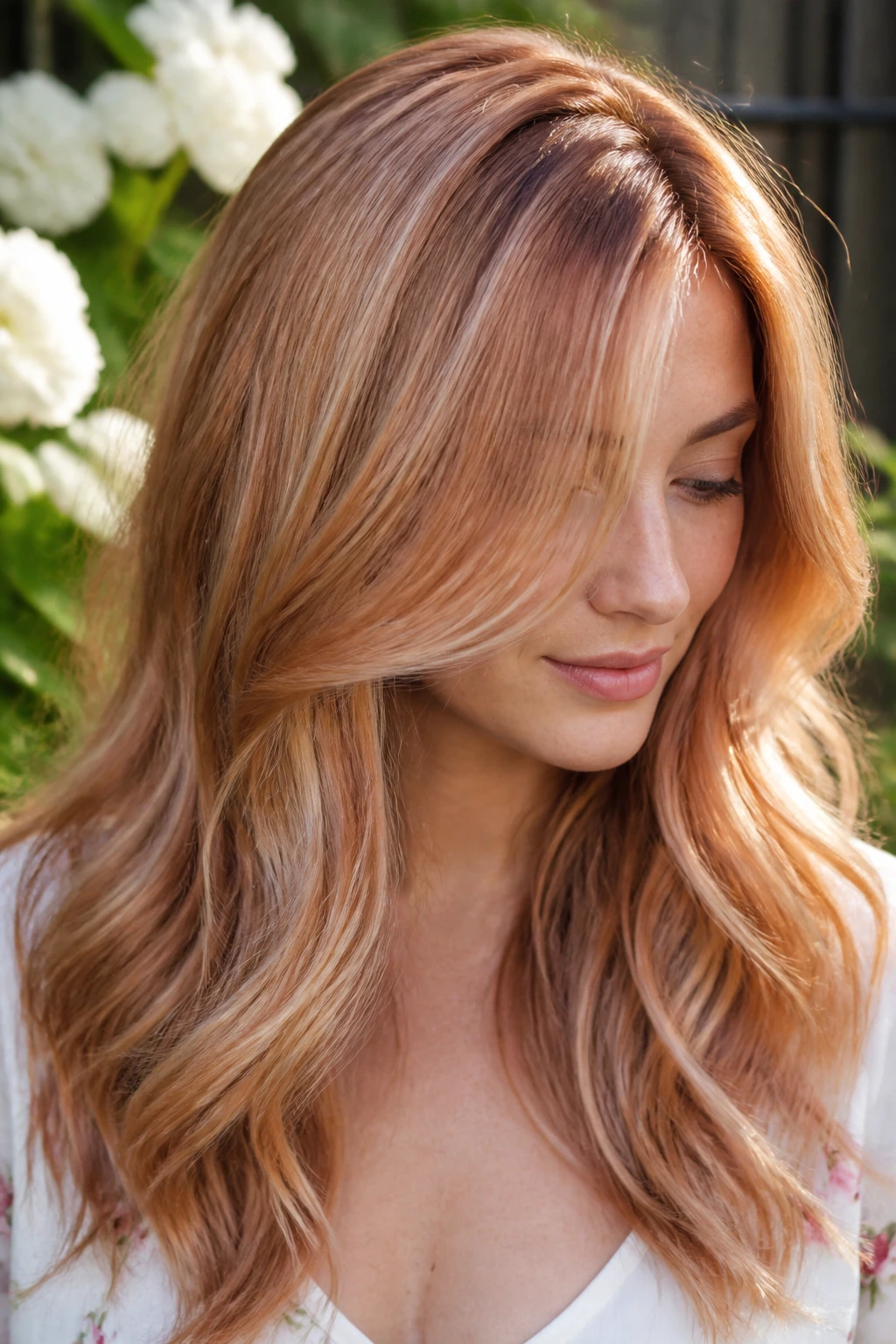 Close-up of long hair with strawberry ginger balayage showing pale red-gold highlights