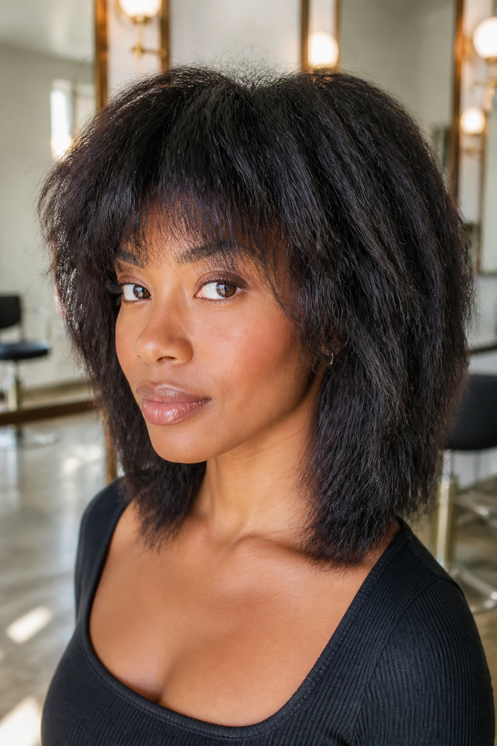 Close-up portrait of a real person with stretched shag showing length