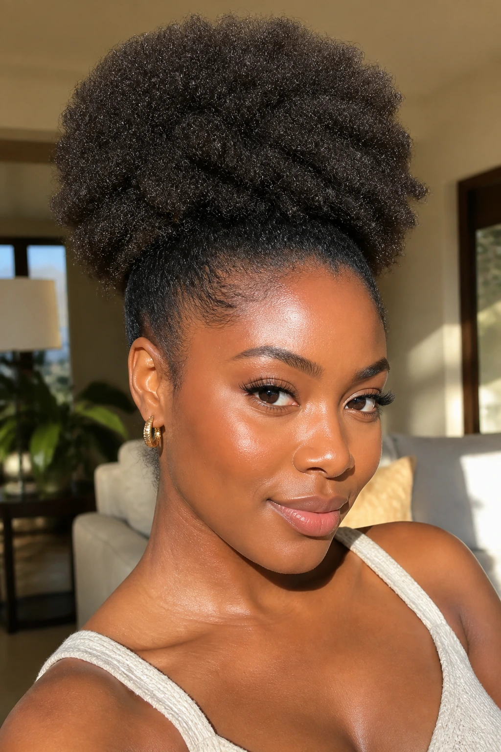Close-up of a real woman with a stretched, elongated puff showing texture.