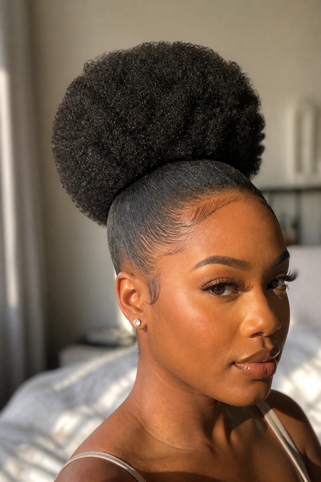 Close-up portrait of a real woman with Stretch-Set Blowout Puff hairstyle in warm window light