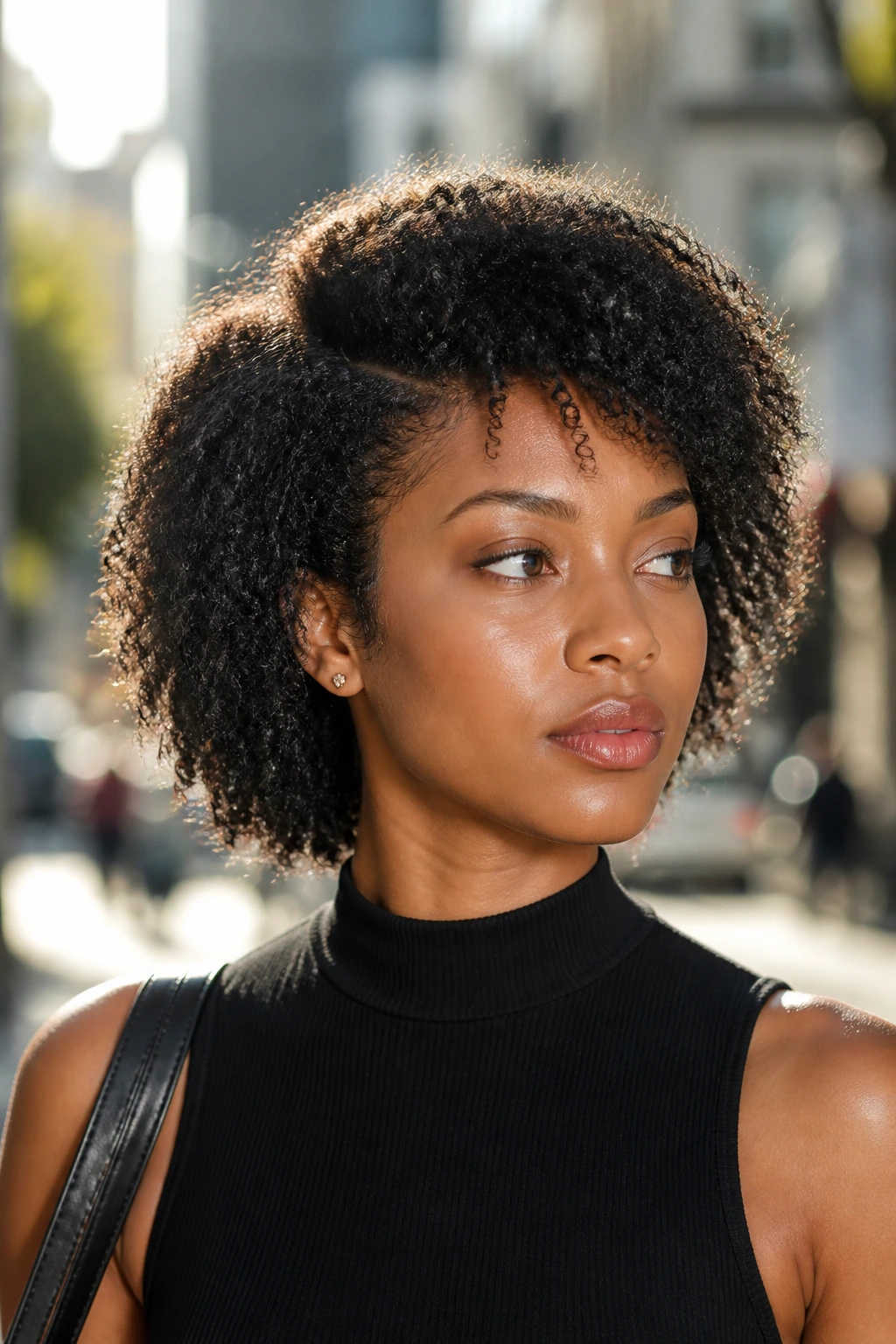 Close-up of a real woman with stretched curls creating a silhouette.