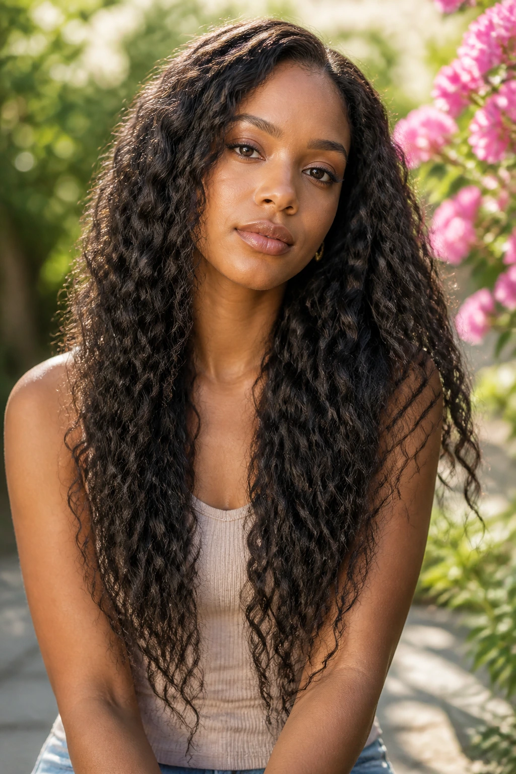 Close-up of a real woman with stretched mermaid curls