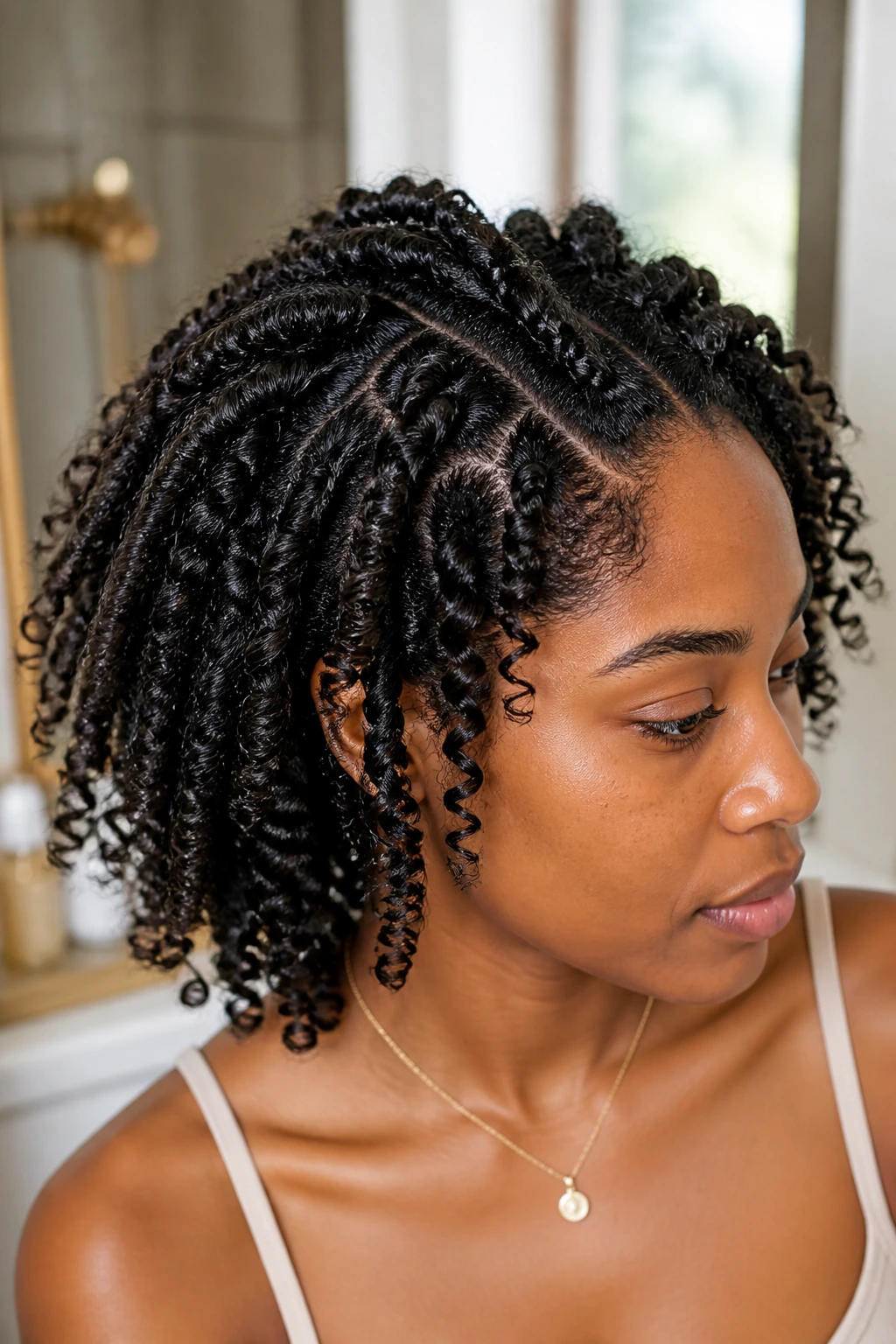 Close-up portrait of a real person with stretched-root coils and lifted roots in warm bathroom light