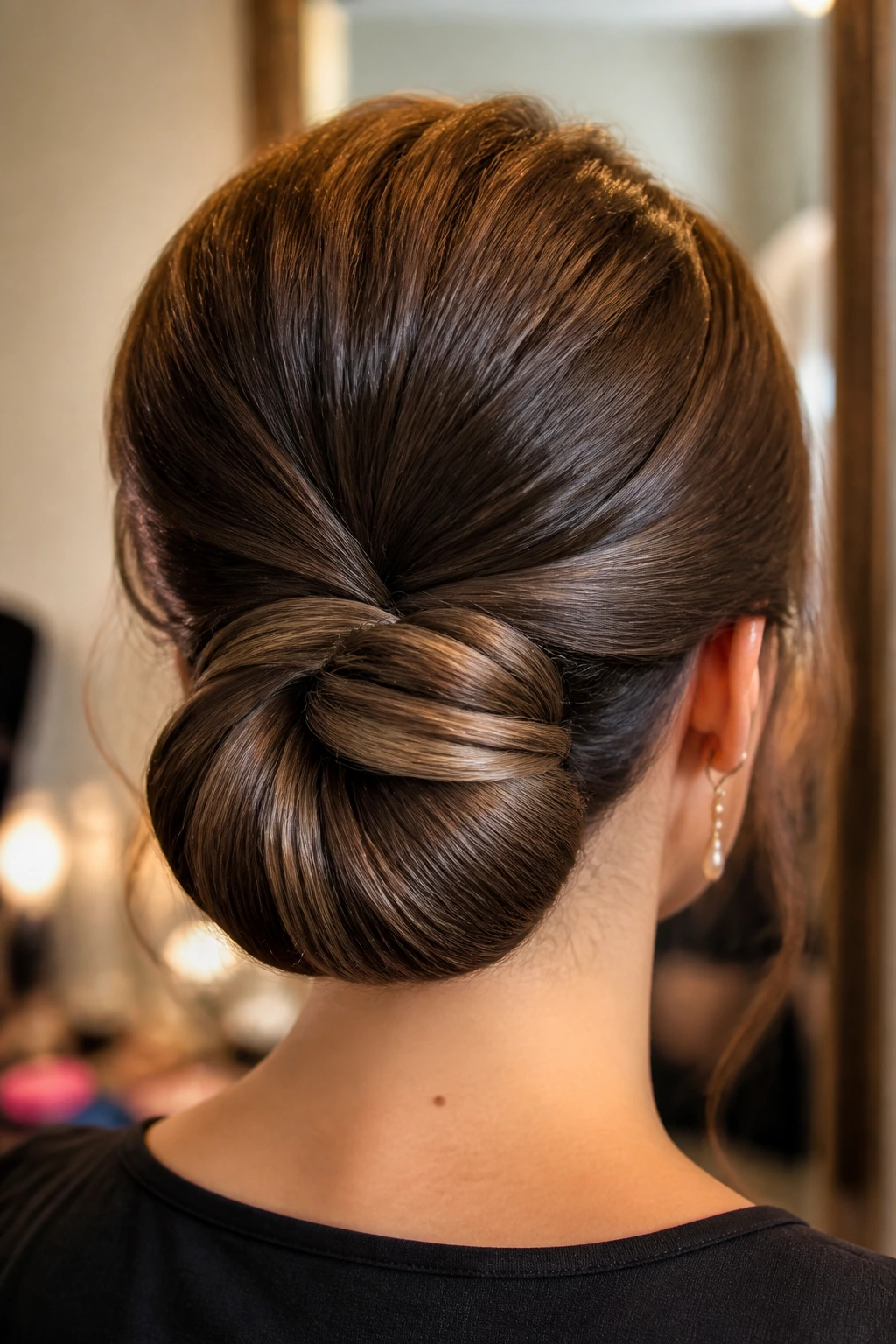 Back view of a real woman's head showing a strongly anchored base for a formal hairstyle.