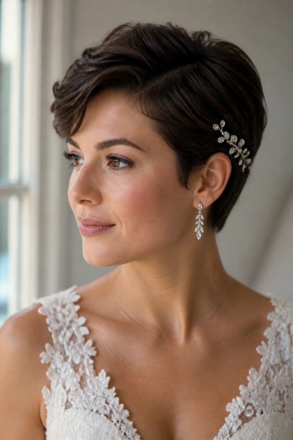 Bride with bold, finished short hairstyle in a bright bridal studio