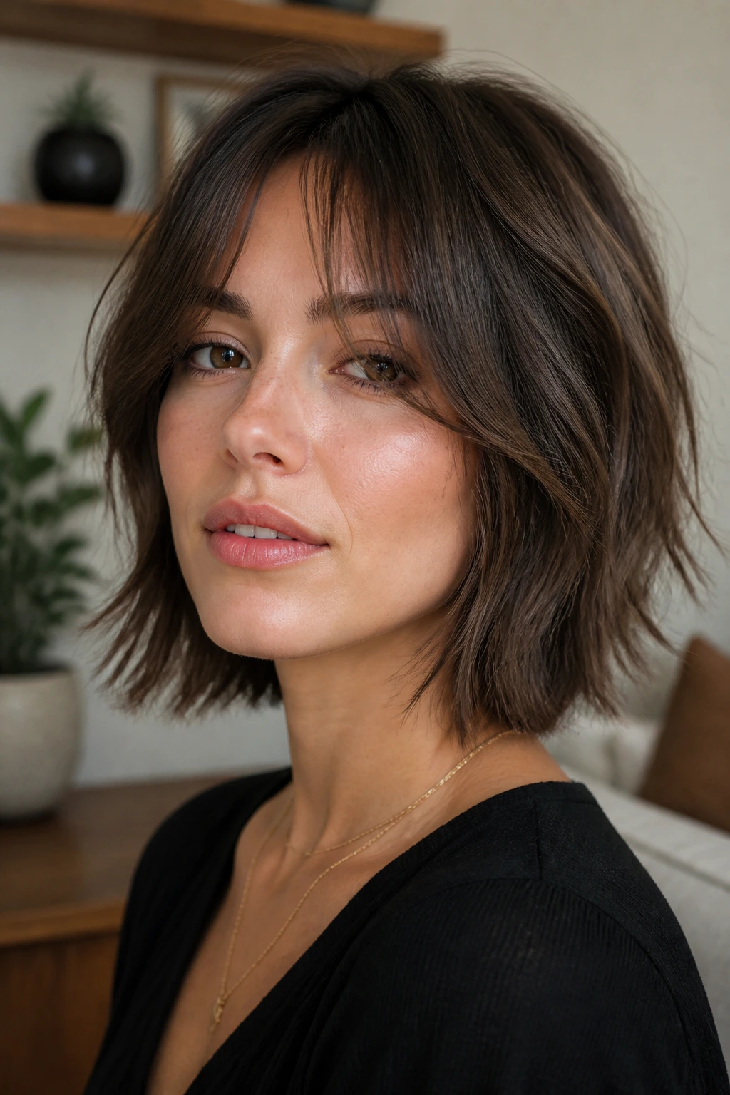 Portrait of a real person with a strong-frame haircut featuring a jaw-length face frame and curtain bangs