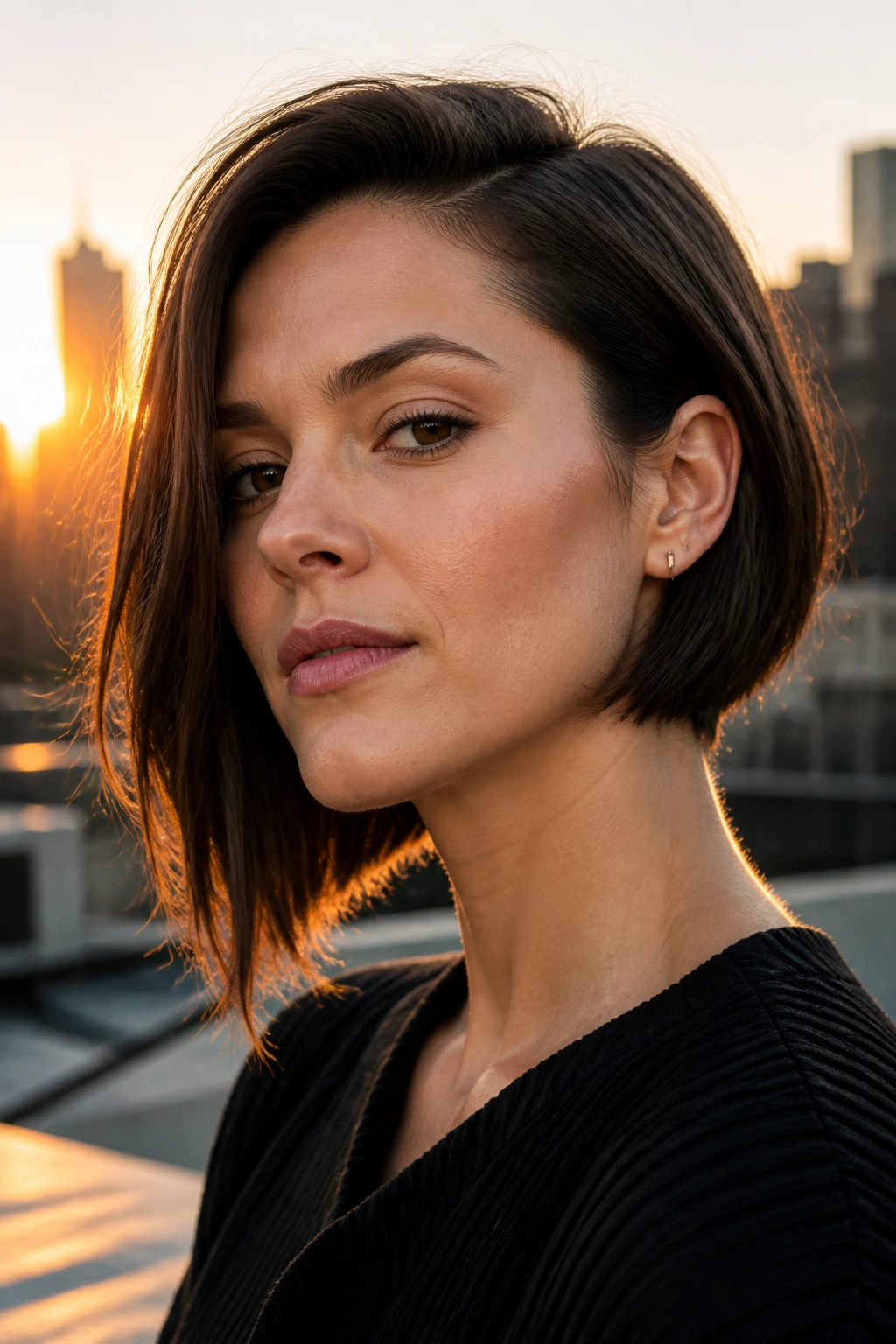 Close-up portrait of a real woman with strong-jaw asymmetrical bob on a rooftop at golden hour