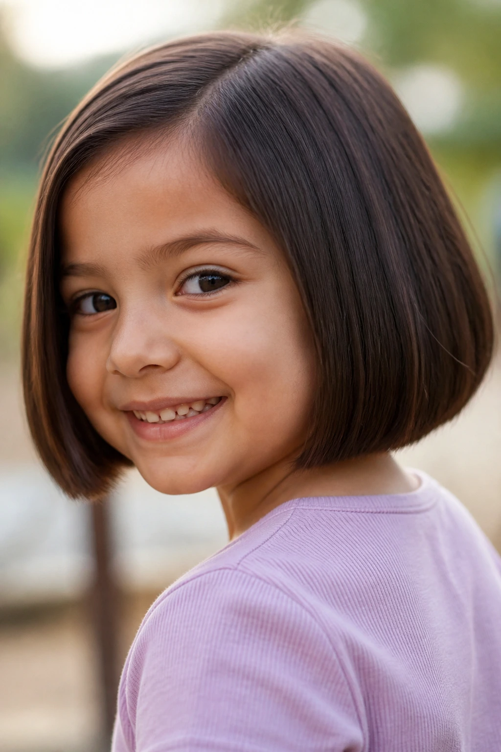 Portrait of a child with a neat, structured bob that holds its shape.