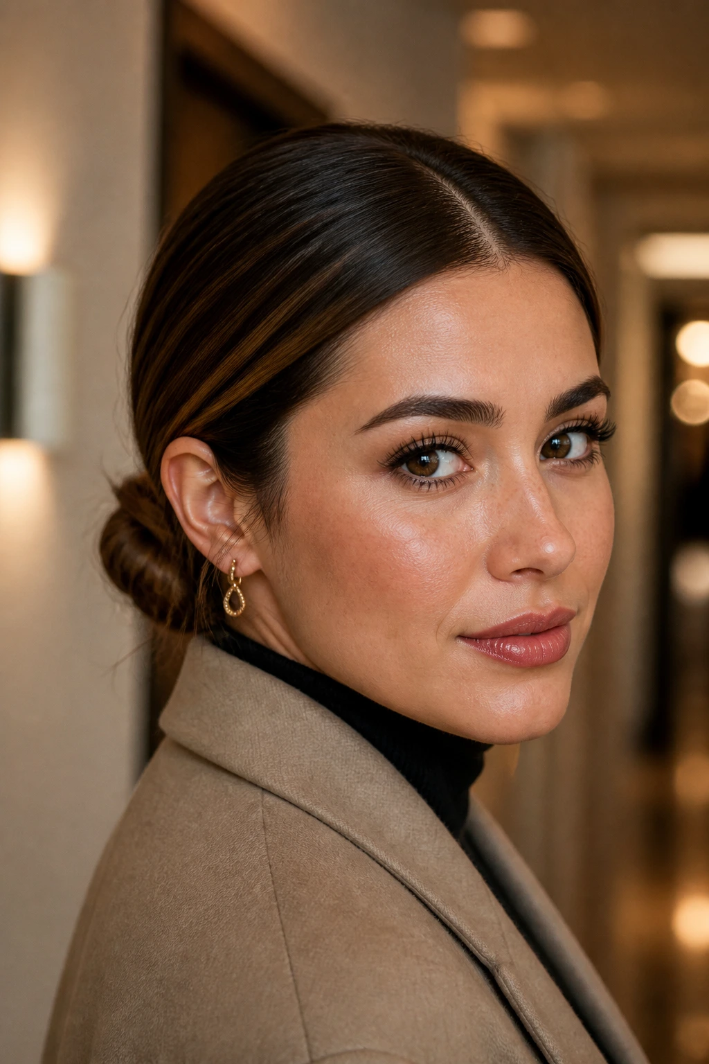 Close-up of a woman with a structured fall hairstyle illustrating clean lines