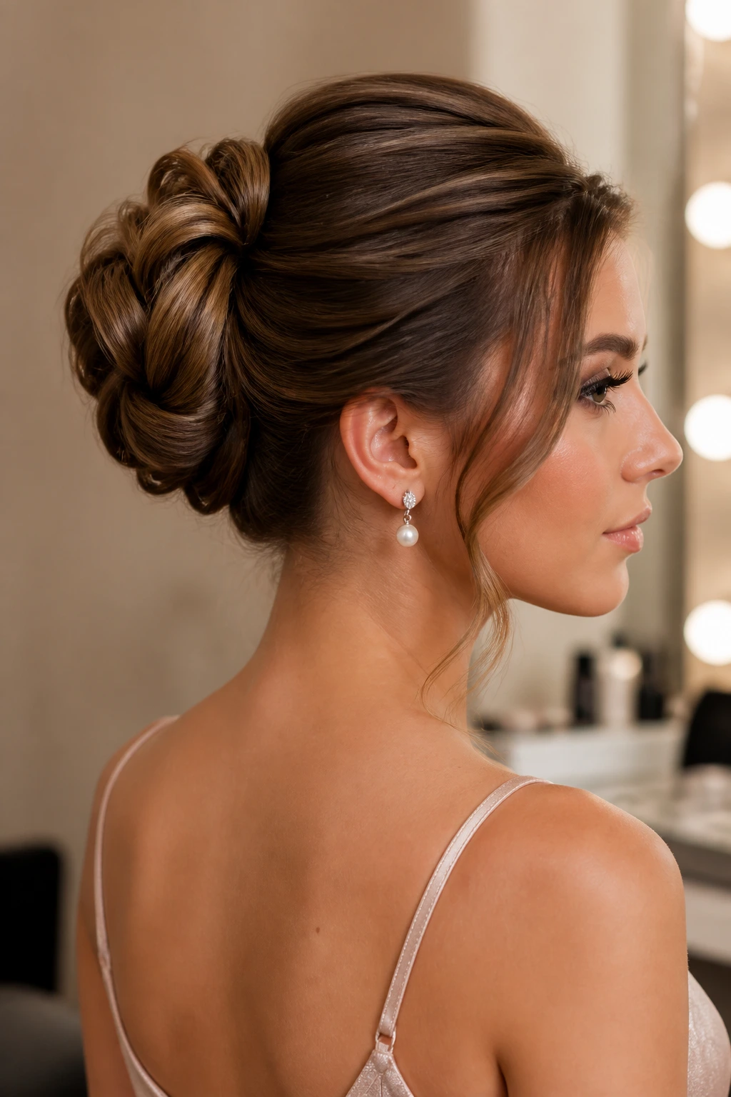 Portrait showing a structured prom hairstyle anchored by pins