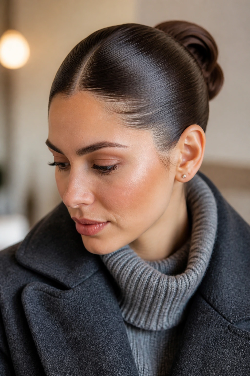 Close-up of a real woman with a sleek structured winter hairstyle emphasizing sharp edges.