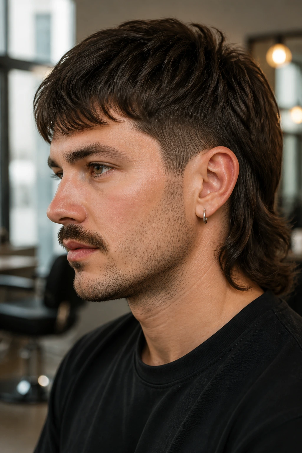 Close-up portrait of a real person with a studio-clean mullet in a modern salon interior