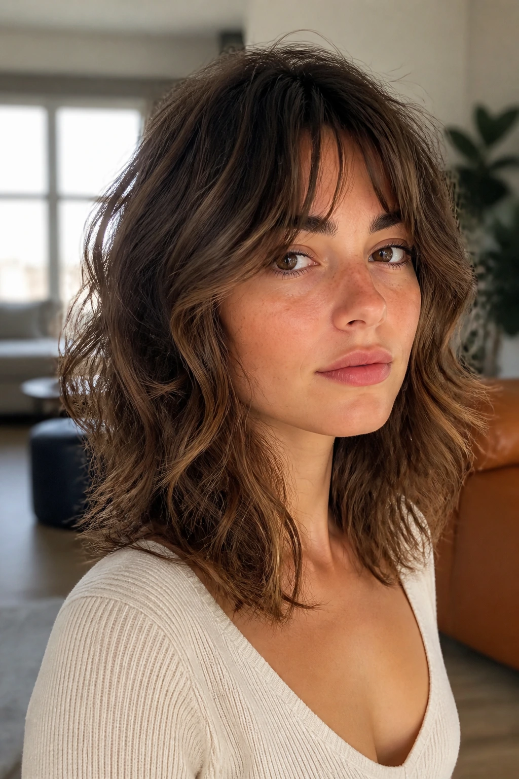 Close-up portrait of a real person with studio-soft shag and airy layers.