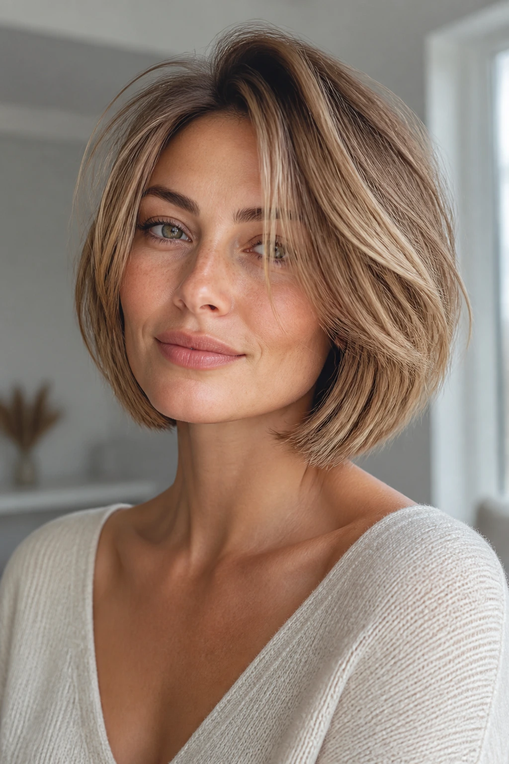 Real person with voluminous bob showing root lift and subtle texture to prevent flattening