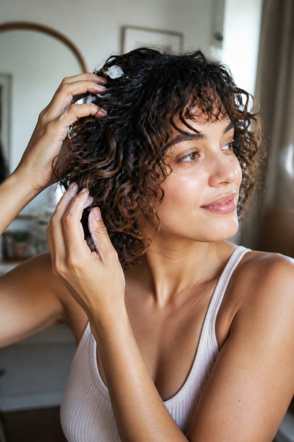 Real person styling choppy curls with product in a cozy bathroom, hair definition highlighted.
