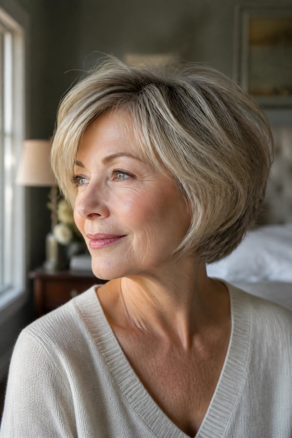 Woman with styled fine hair showing root lift and defined ends