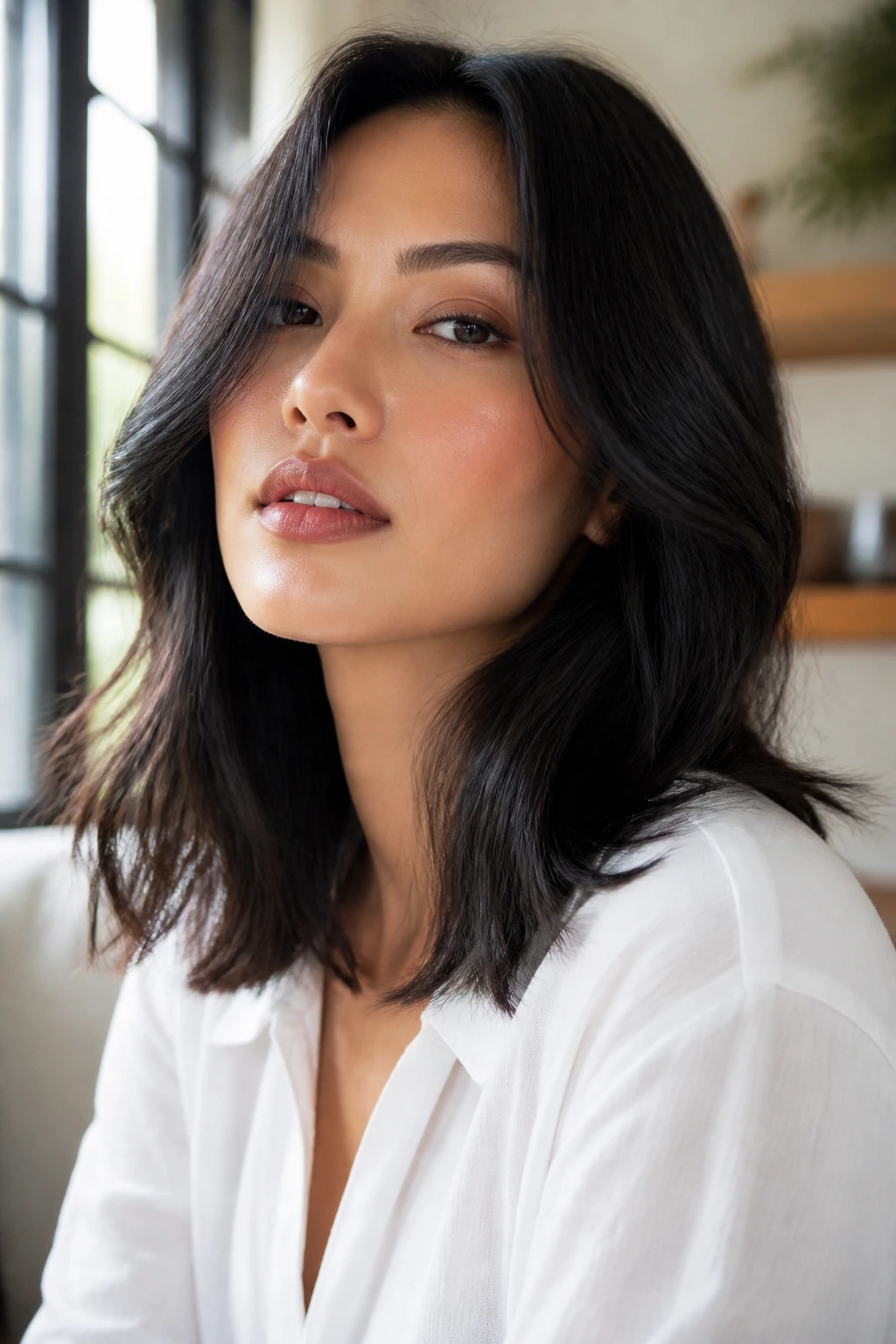 Portrait of a person showing off medium-length black hair styling options.