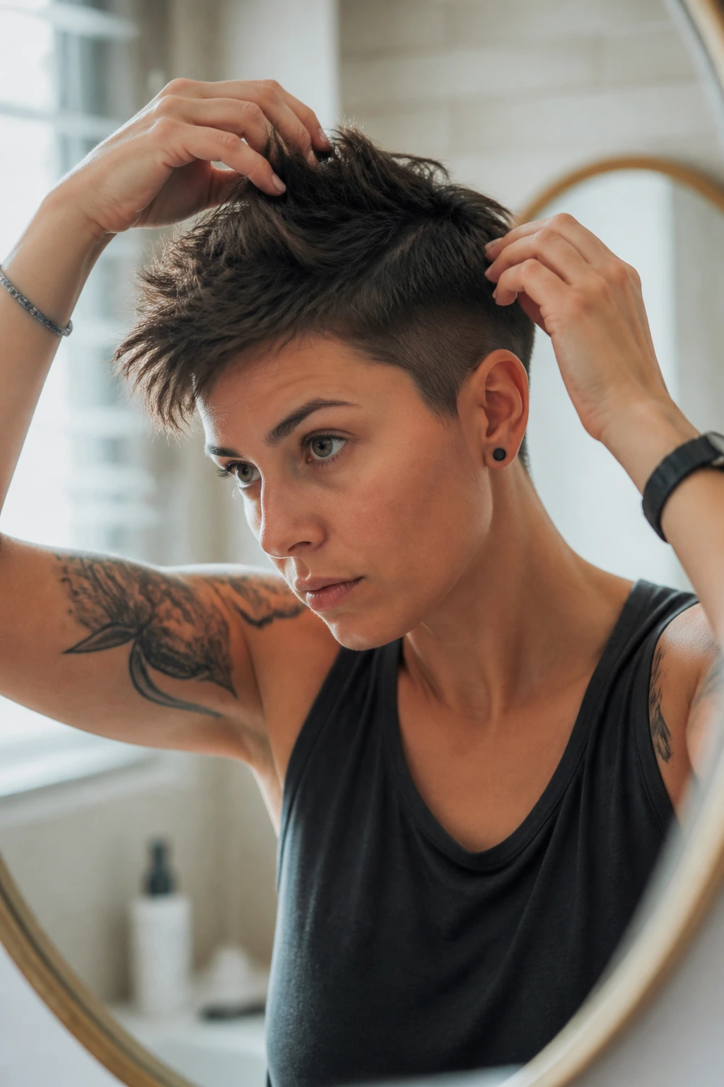 Person styling short tomboy cut in bathroom with crown lift