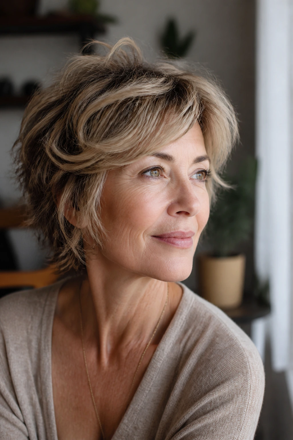 Portrait of woman with styled short shag in a cozy home setting