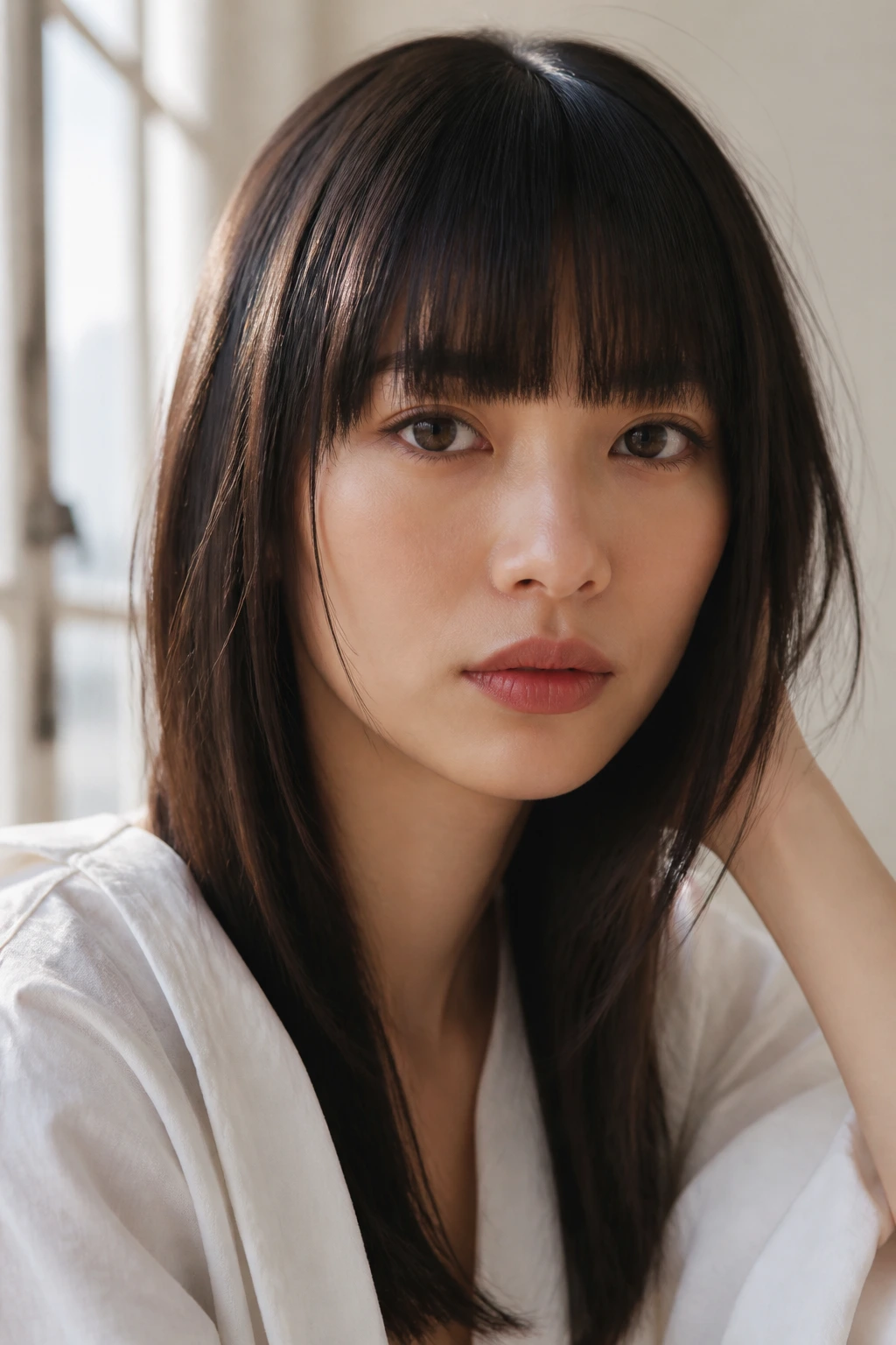 Close-up of a person styling straight bangs