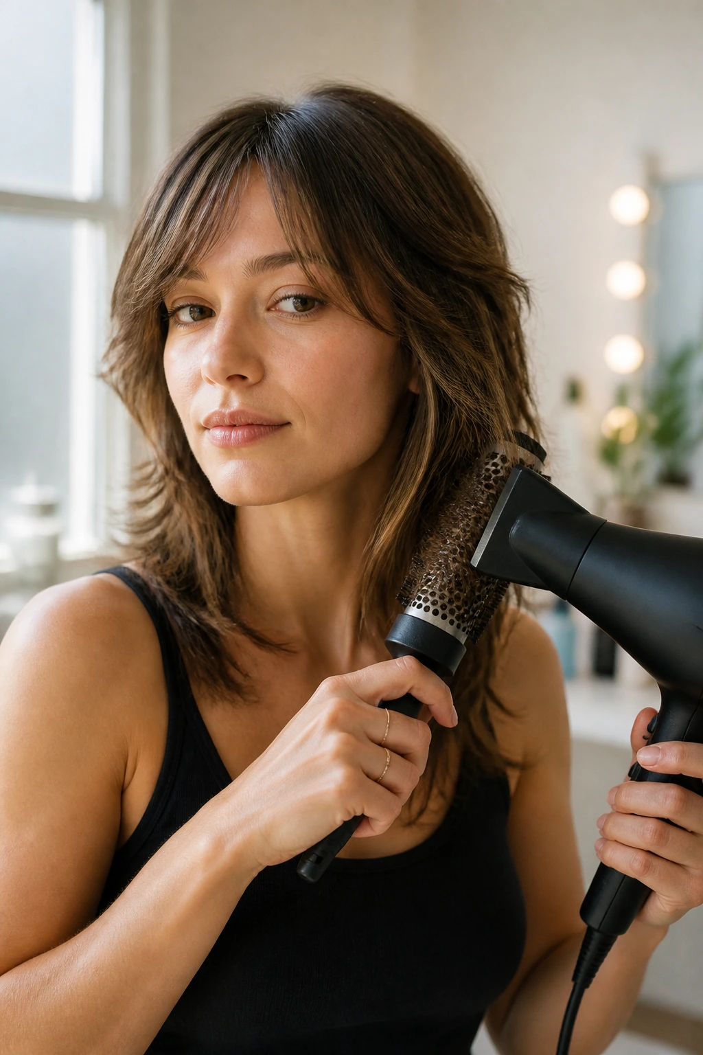 Real woman styling fairy shag with soft front sweep in a vanity