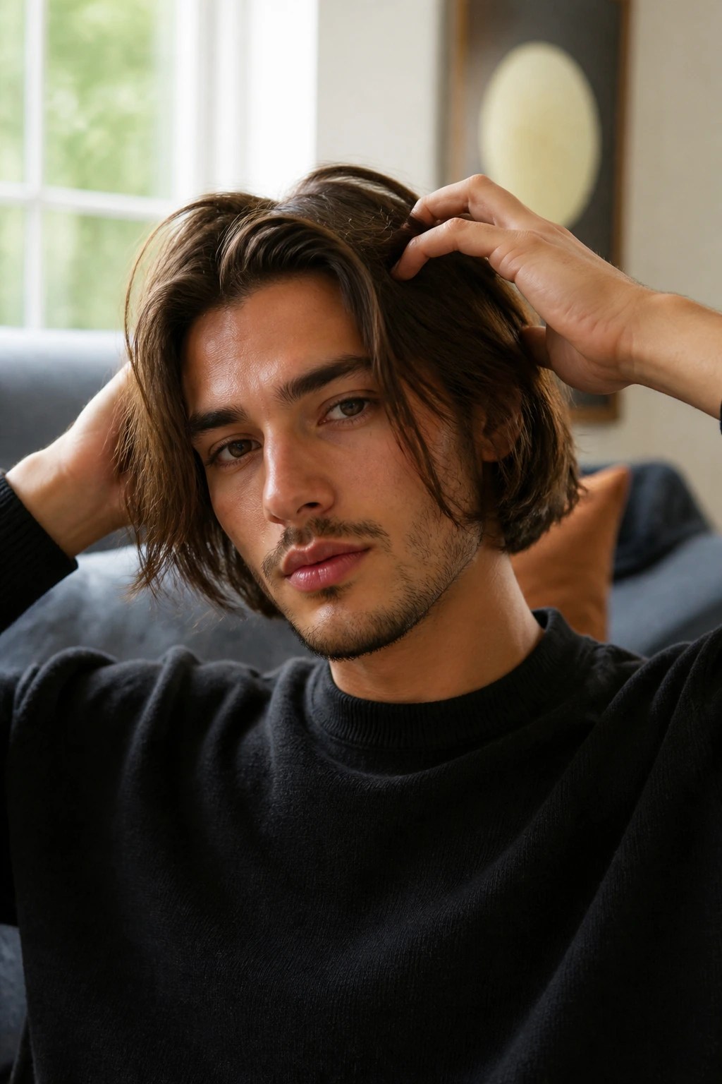 Man styling his bob with hands in a living room.