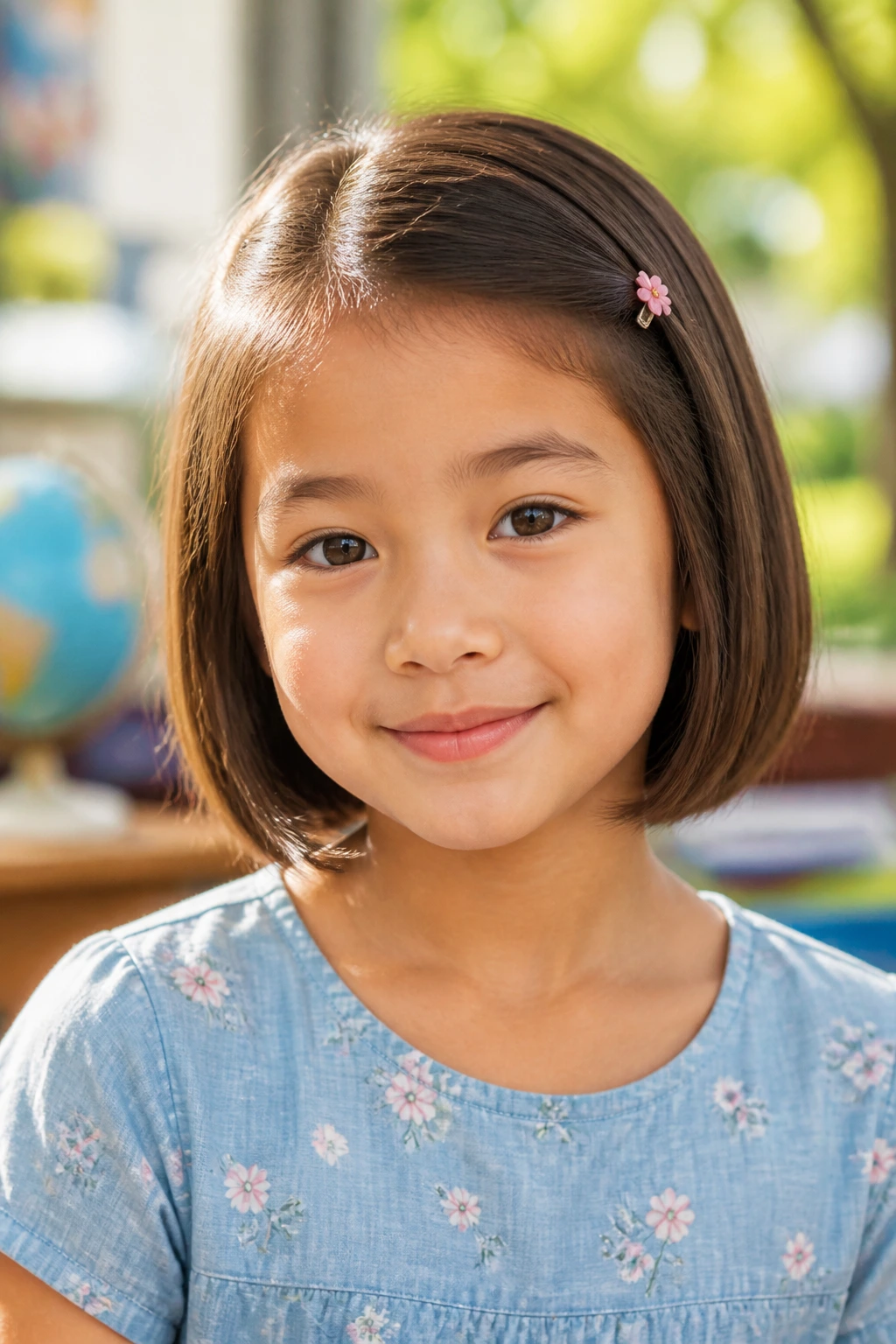 Child with a neatly styled bob suitable for school and play in a sunlit setting