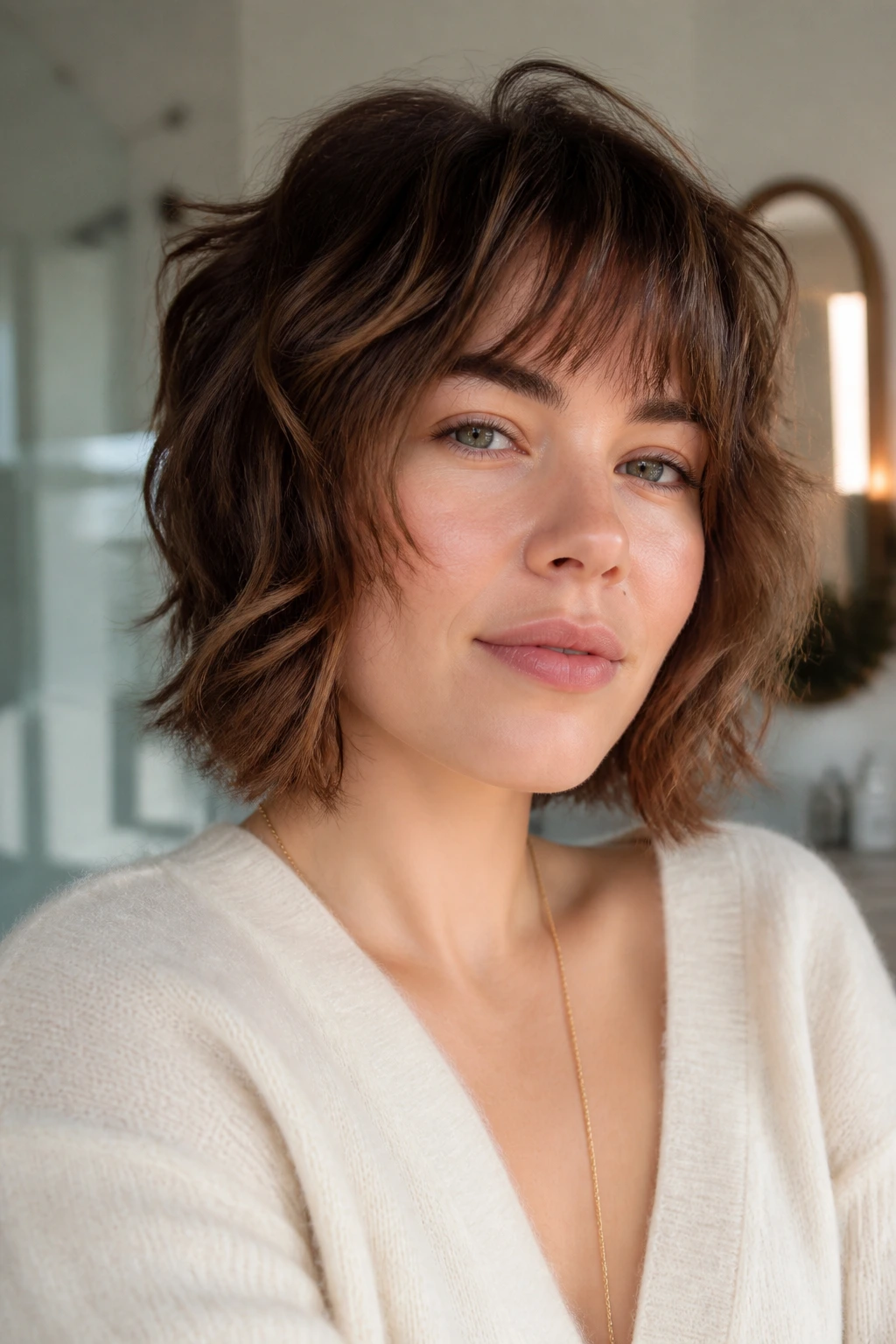 Portrait of a real person with intentional, styled choppy waves.