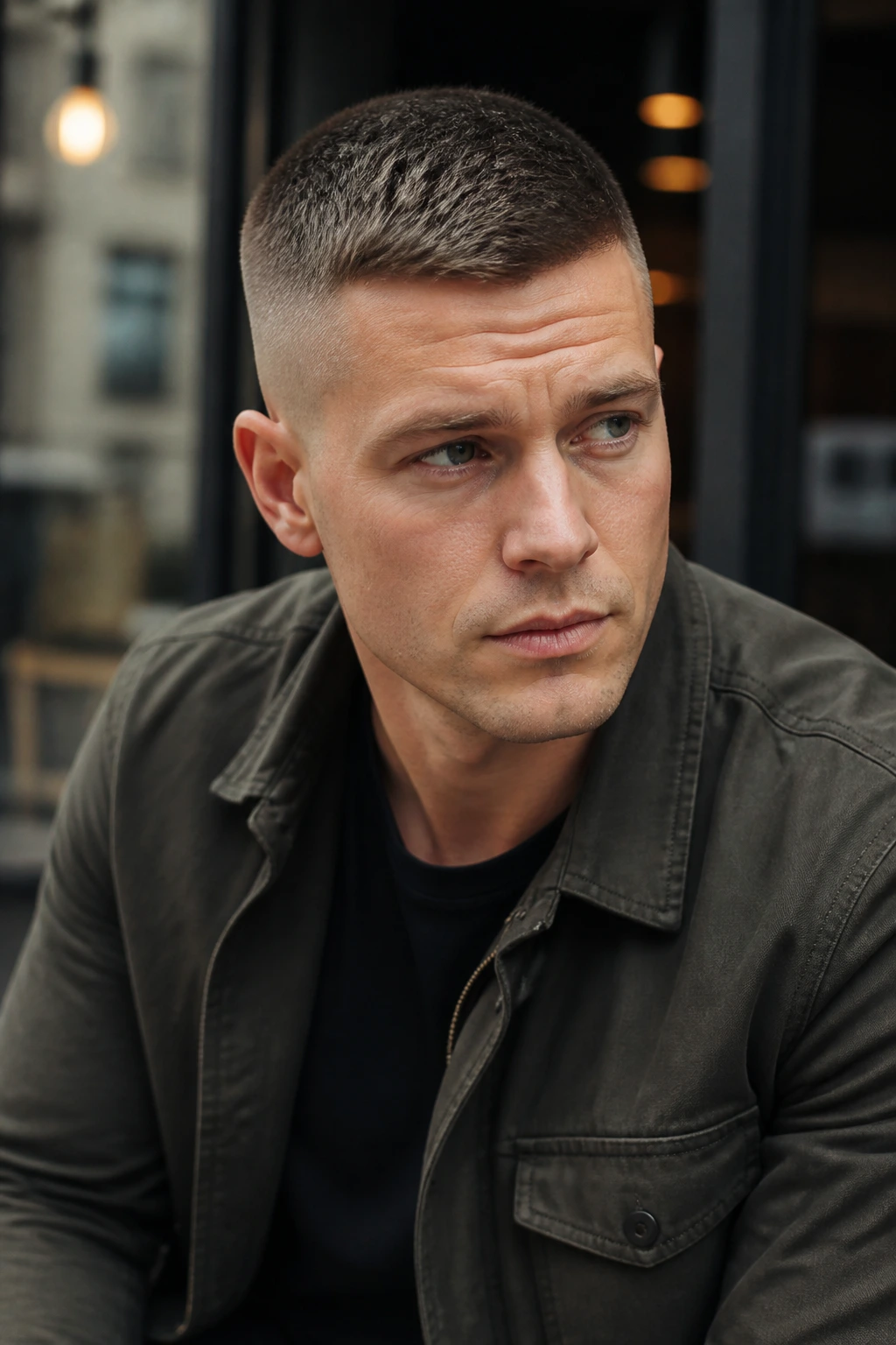 Real person with styled crew cut in natural urban light
