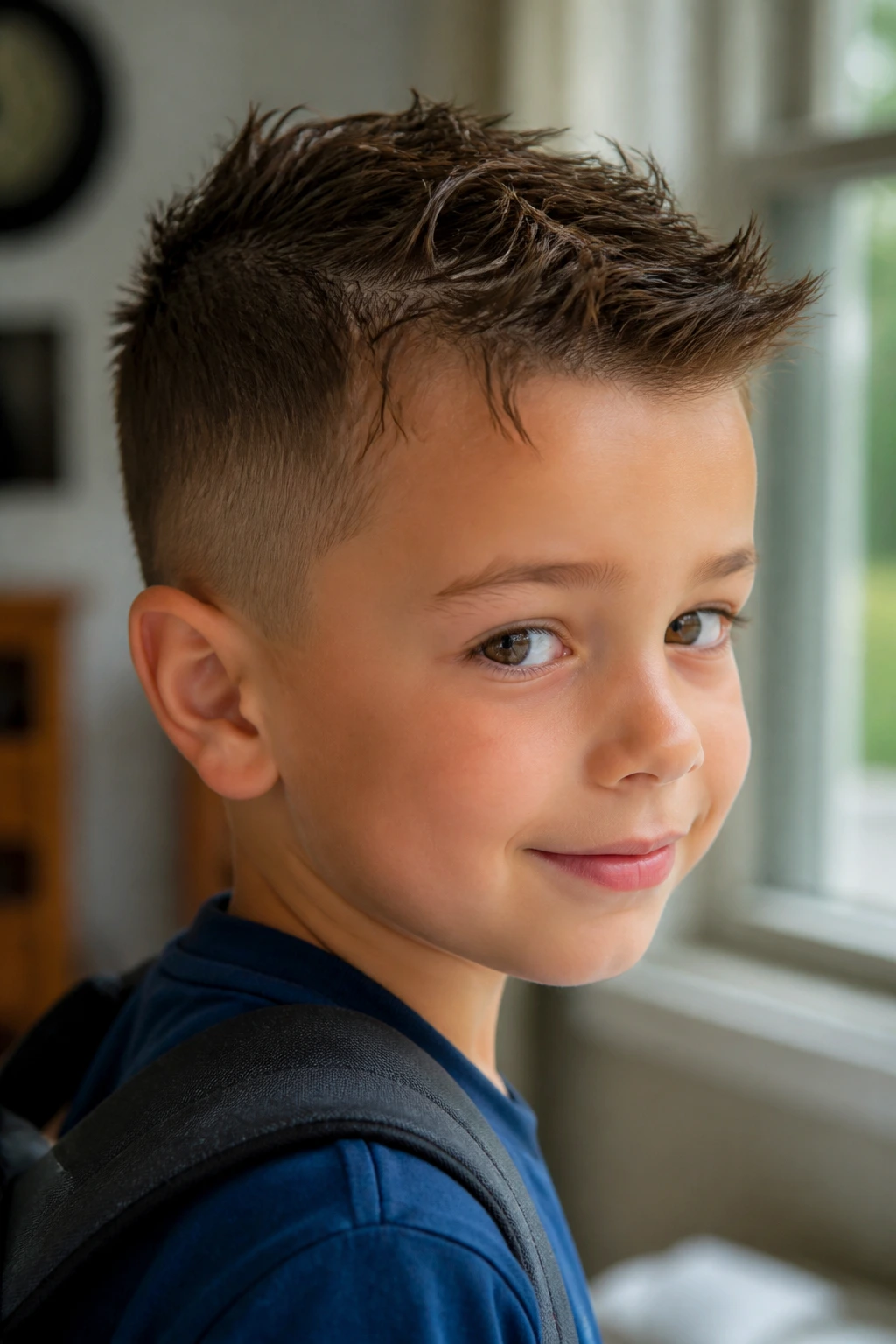 Real boy with neatly styled short haircut under morning light