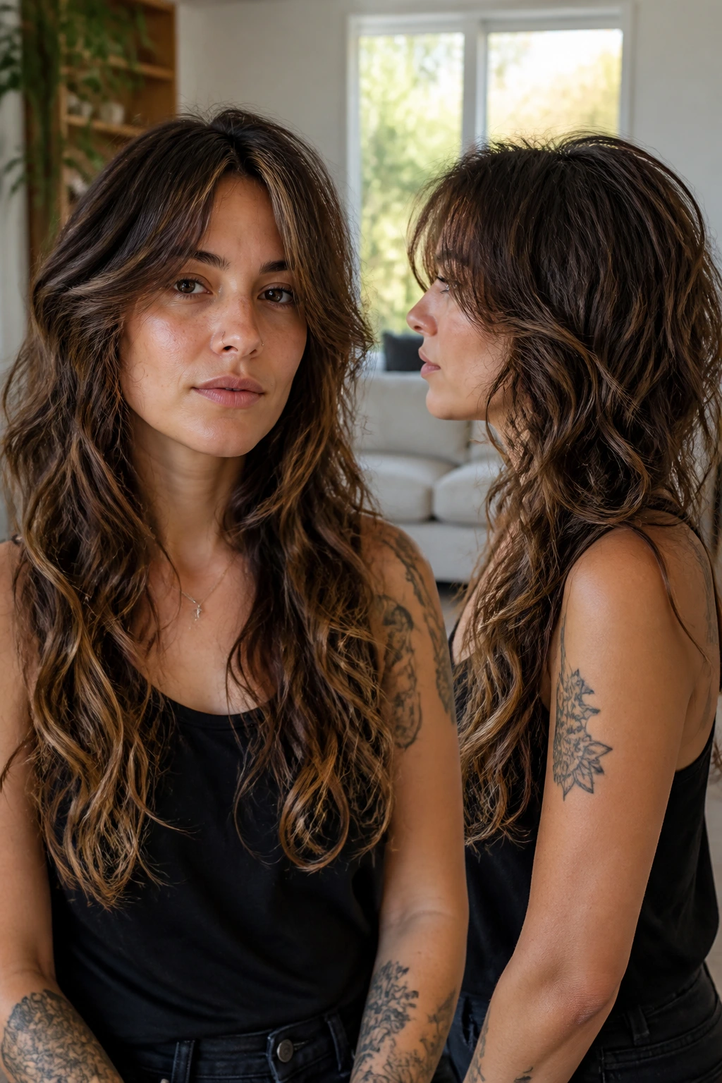 Portrait of a woman with long wavy hair showing front and side views