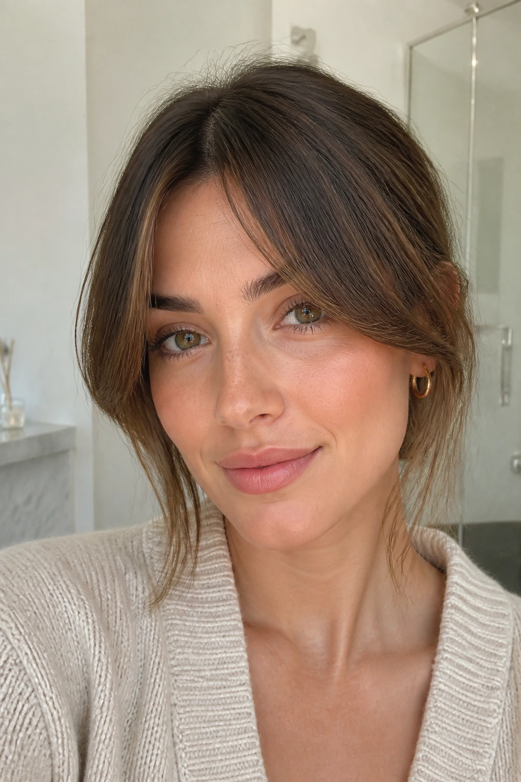 Real person with naturally styled parted bangs in a calm, softly lit room.