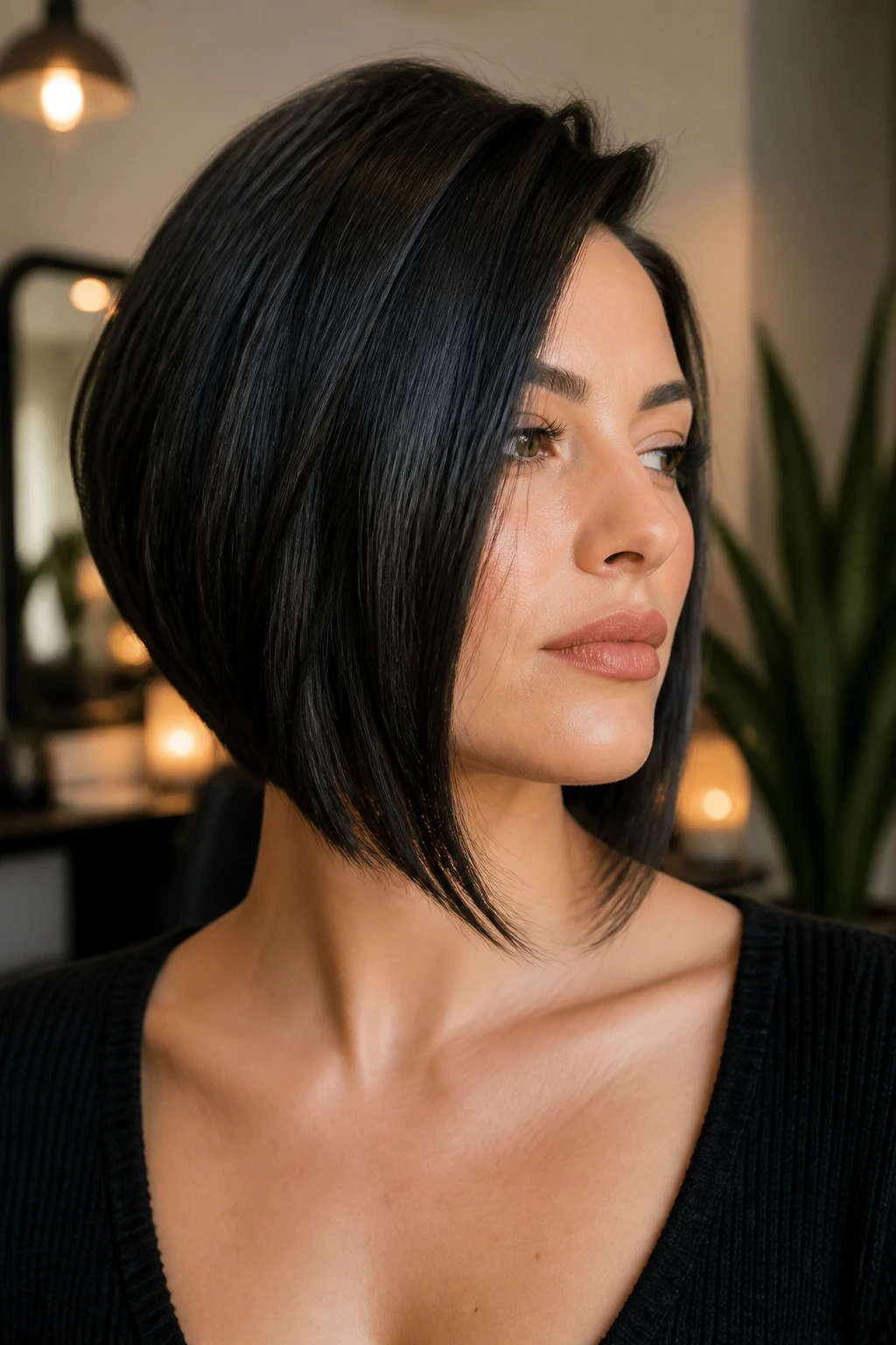 Close-up of a real woman with a sleek, polished asymmetrical bob