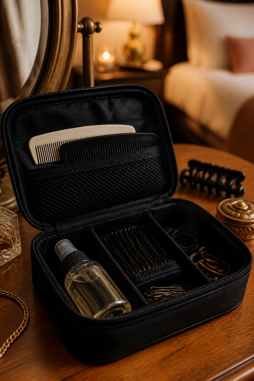 Open hair styling kit with combs and pins on a bedroom vanity