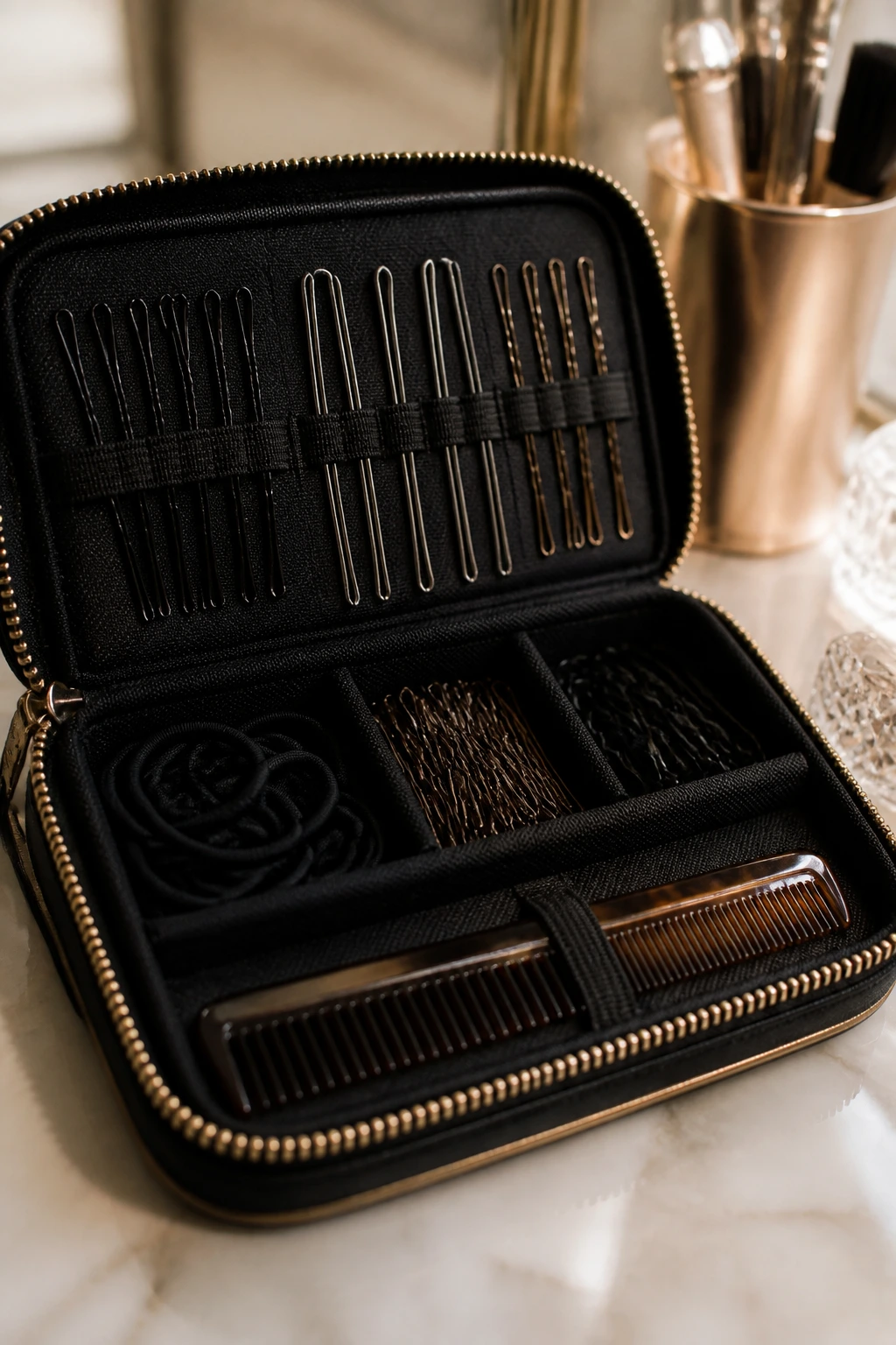 Close-up of styling kit with pins and tools on vanity