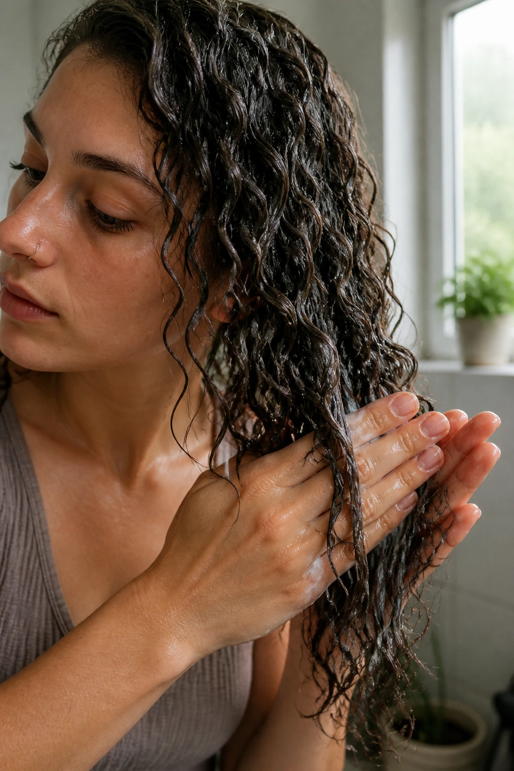 Close-up of a real person applying styling product to soaking-wet thick curls