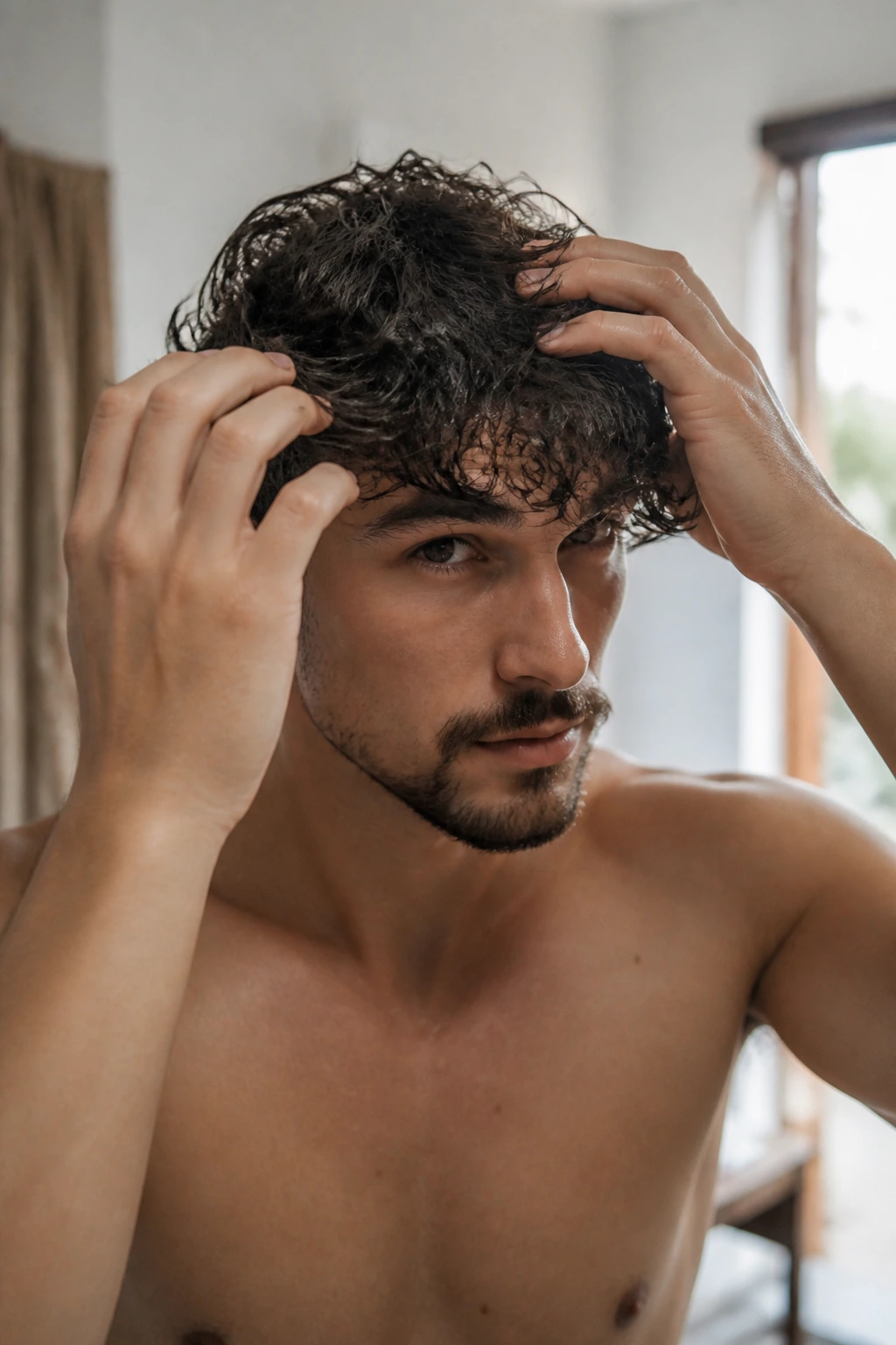 Close-up of a man with damp frizzy hair being shaped by hands
