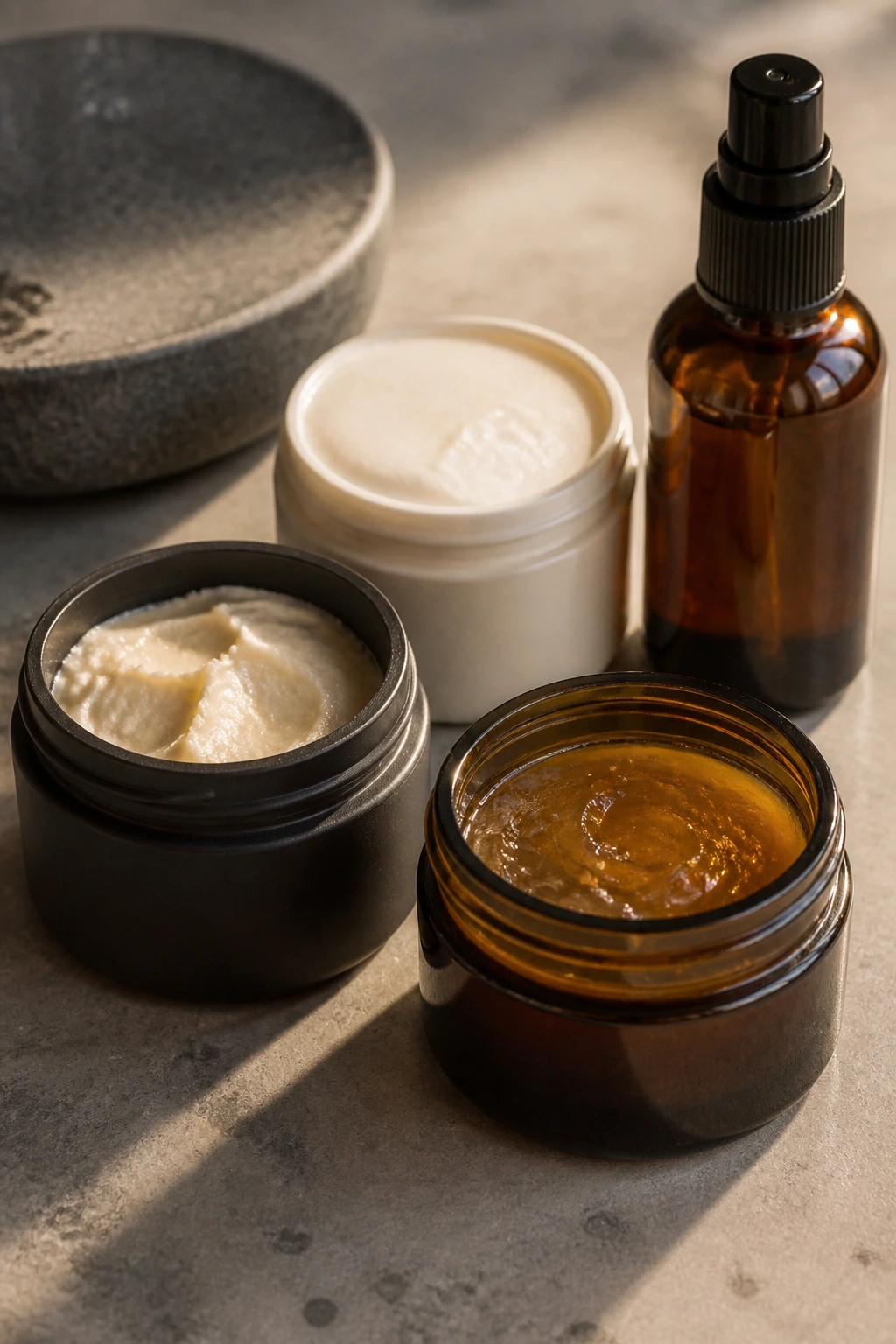 Close-up of unlabeled styling product containers for short undercut hair.