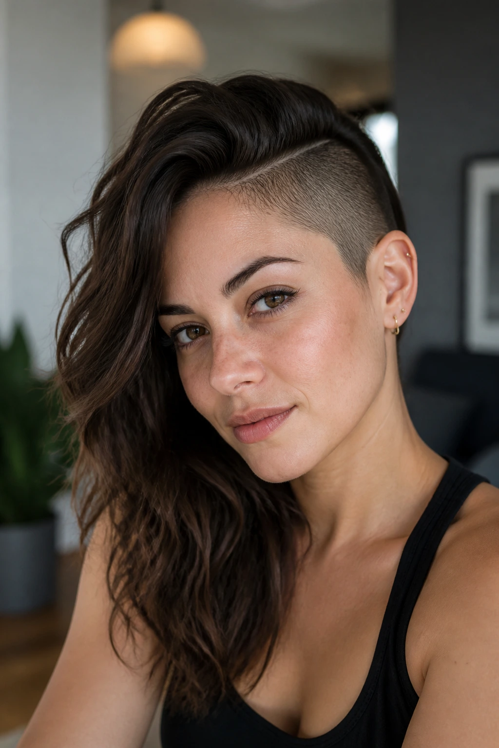 Close-up of a real woman with a neat shaved side and styled top