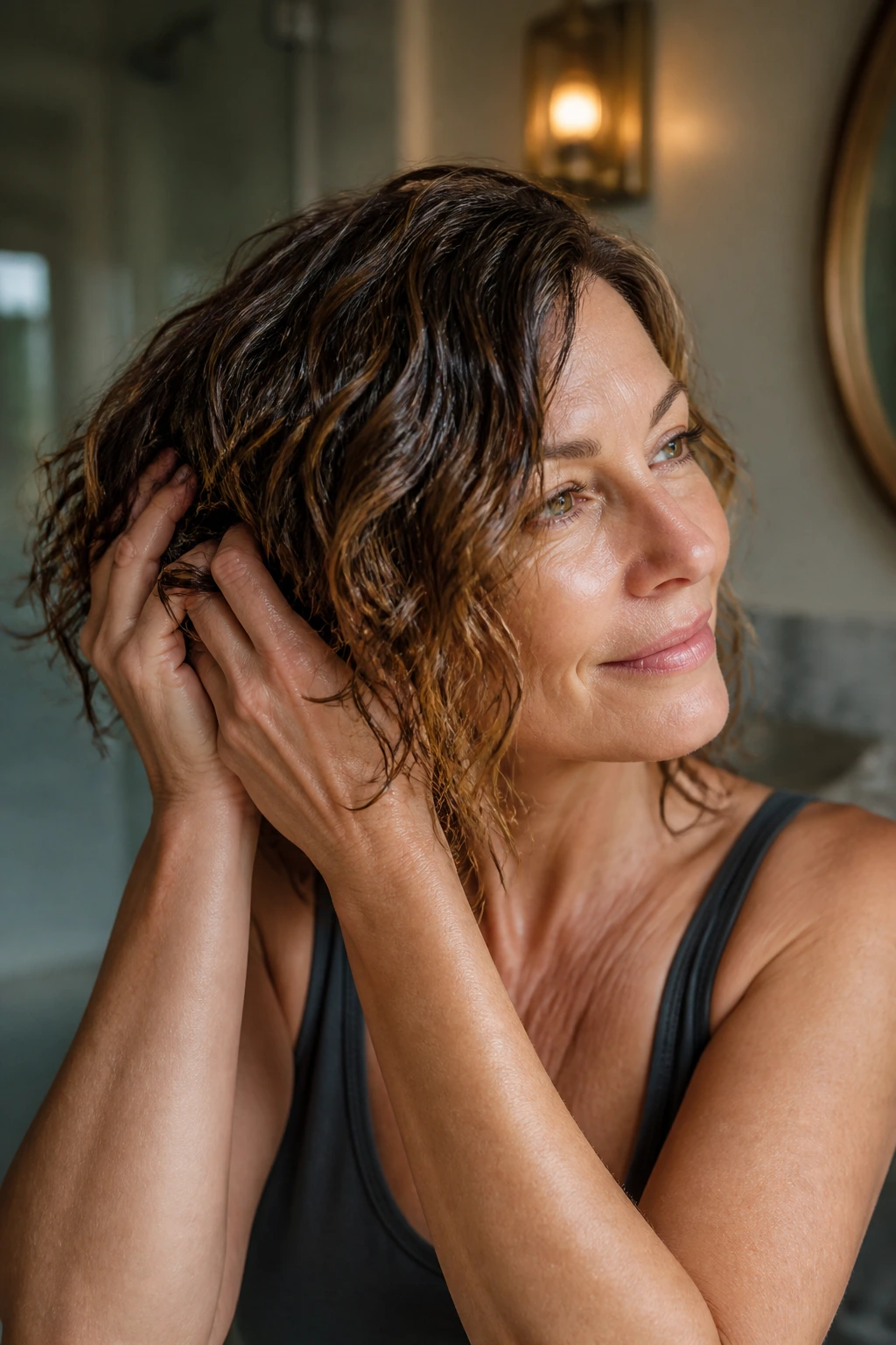Woman scrunching damp thick wavy hair in a bathroom to style a bob