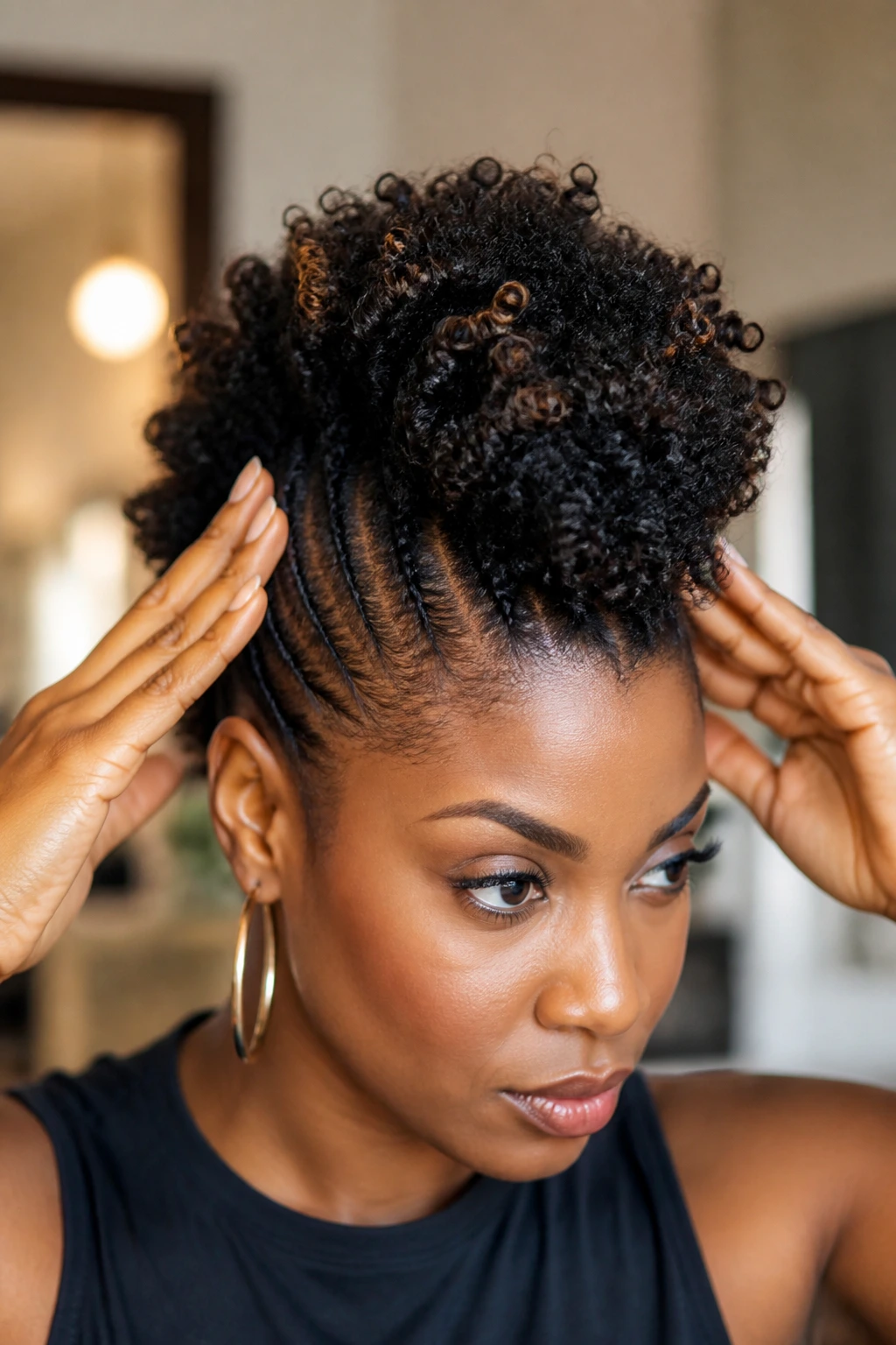 Close-up of mohawk styling with hands adjusting the sides