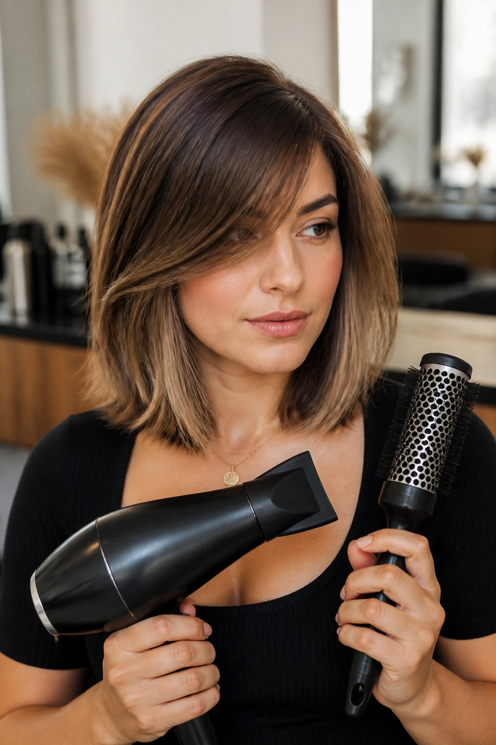 Portrait of a real woman with a lob and side bangs, tools visible in frame suggesting styling technique.