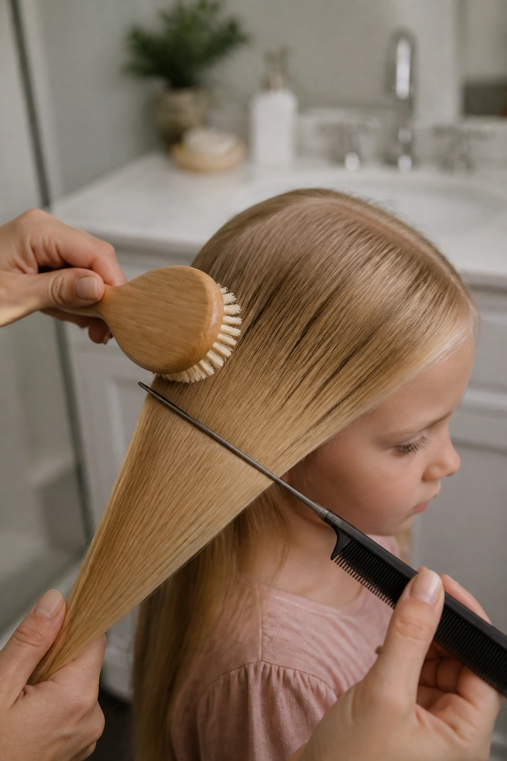 Close-up of a real girl's hair being styled with a soft-bristle brush and rat-tail comb in a bathroom