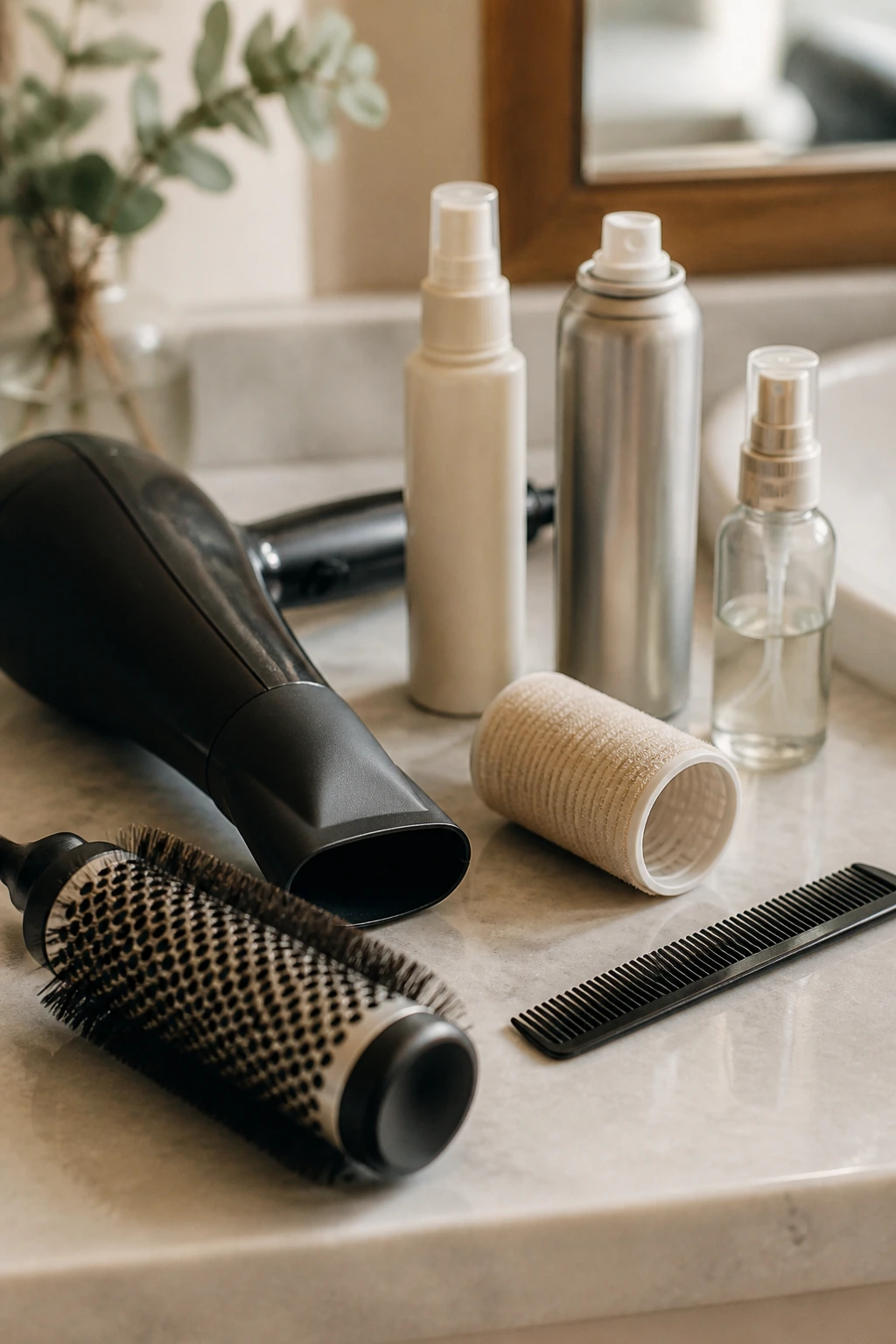 Close-up of essential styling tools on a clean bathroom counter