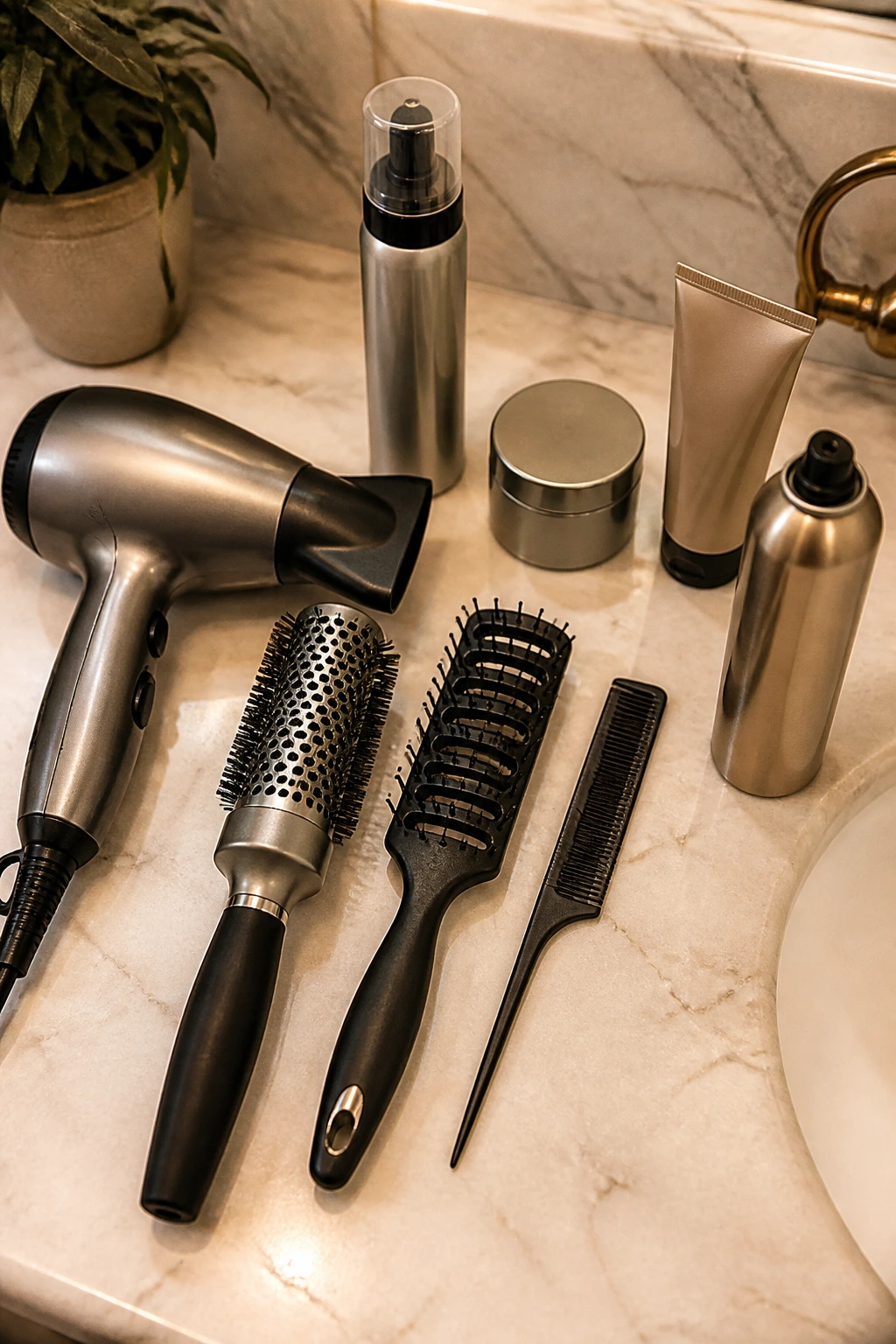 Overhead shot of styling tools and products on a bathroom counter.