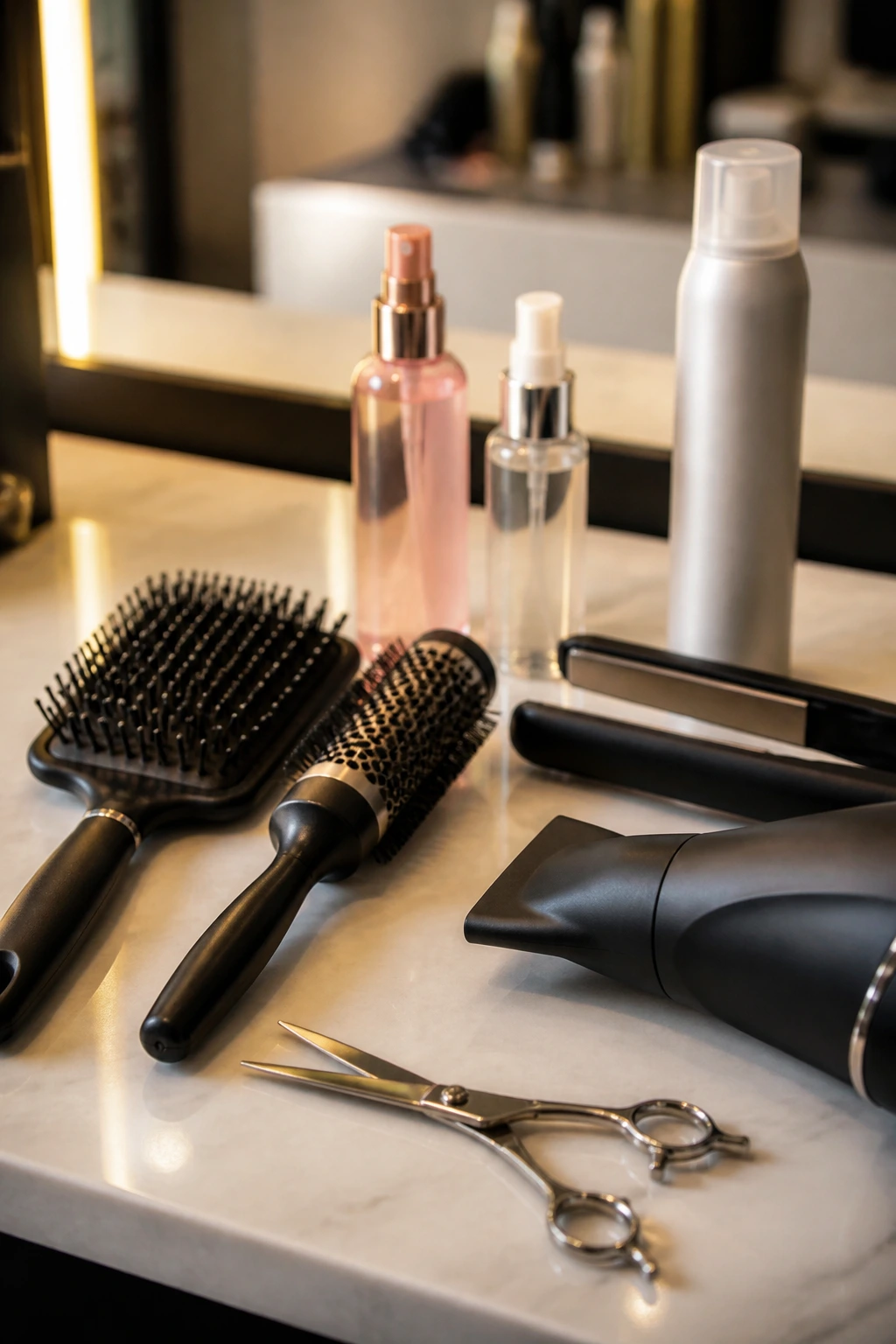 Close-up of professional styling tools on a salon counter