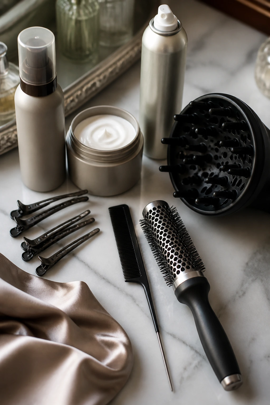Close-up of essential styling tools for curly pixie on vanity