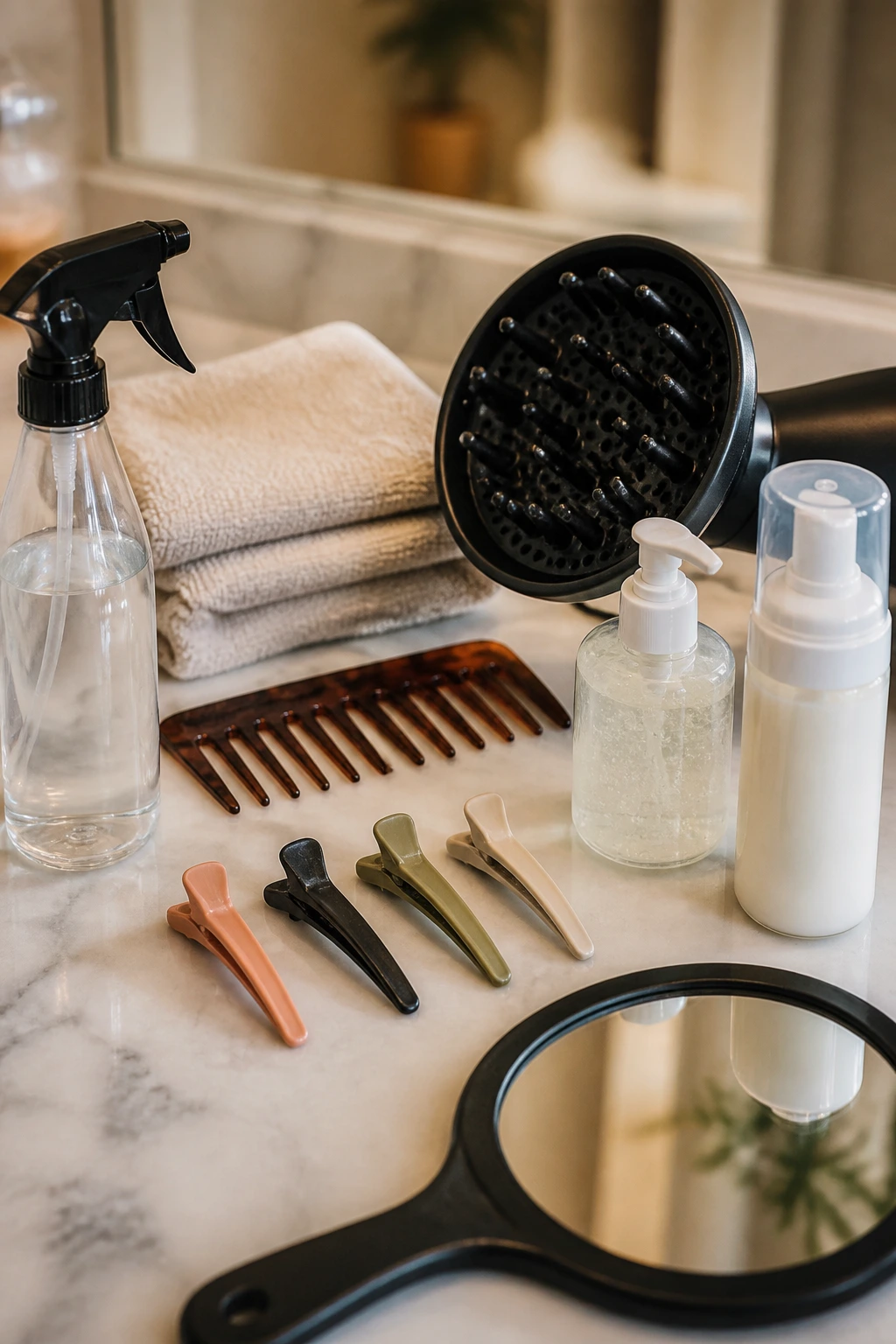 Close-up still-life of styling tools for curly bob on a vanity